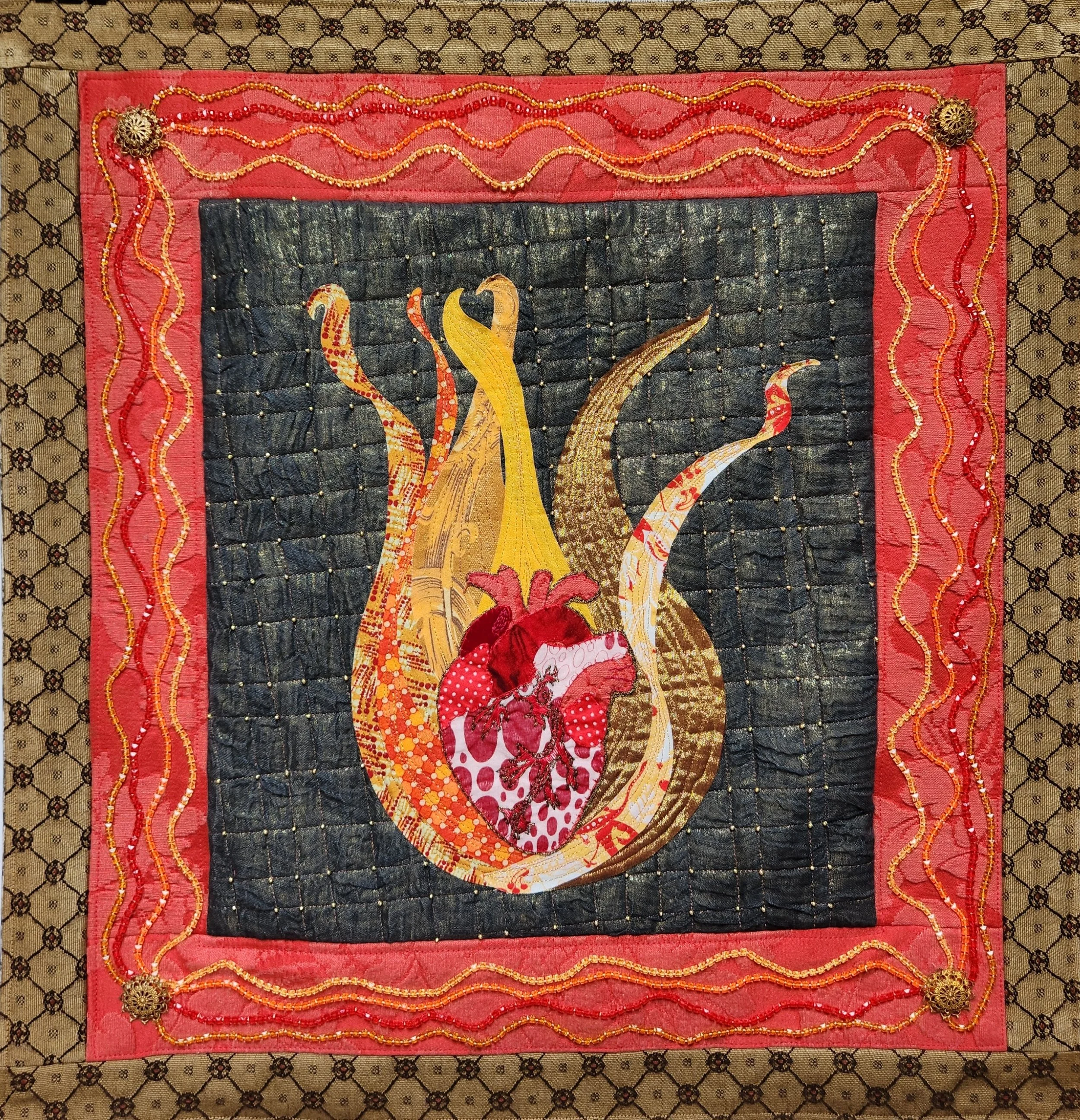 textile art, original bold intuitive design fabric collage, painted and stenciled fabrics, reclaimed fabrics, vintage fabrics, vintage trims, buttons, embellishments, beads, hand embroidery, free motion stitching