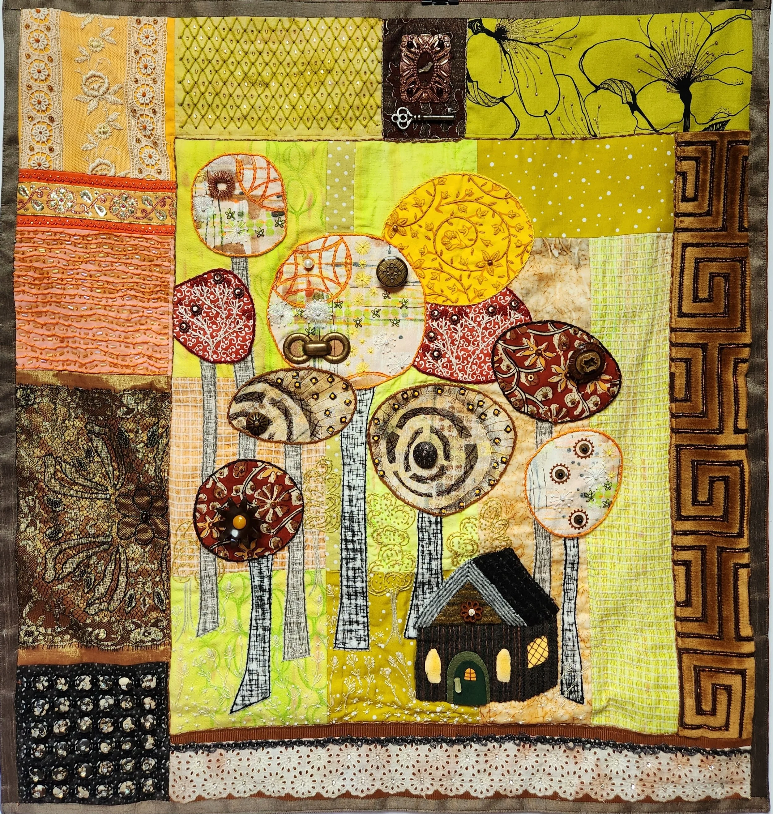 original bold intuitive design fabric collage, painted and stenciled fabrics, reclaimed fabrics, vintage fabrics, vintage trims, buttons, embellishments, beads, hand embroidery, free motion stitching textile art