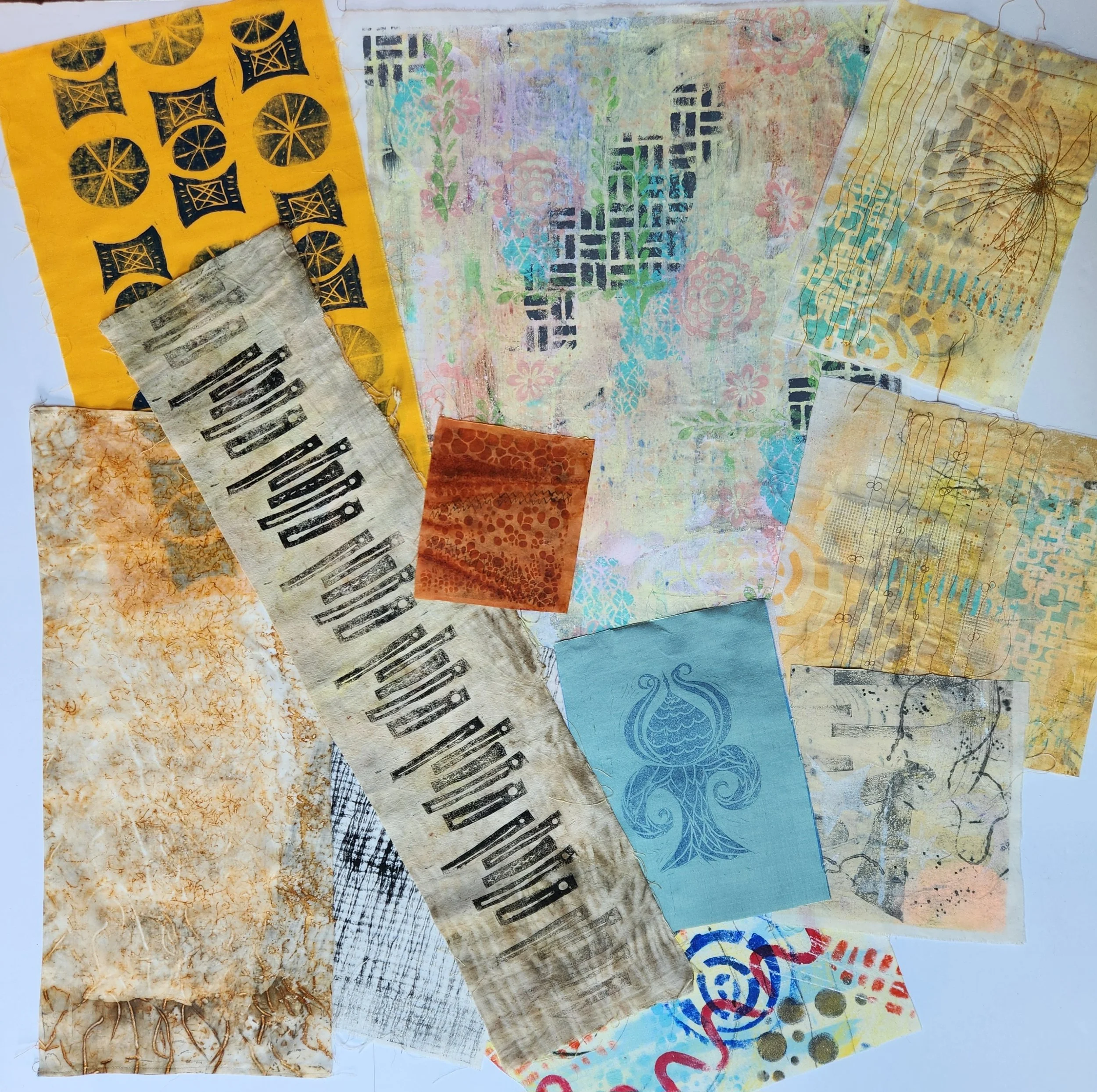 fabric painting and stenciling with acrylic paint, printing on fabric, rust dyed fabric, ink drawing on fabric