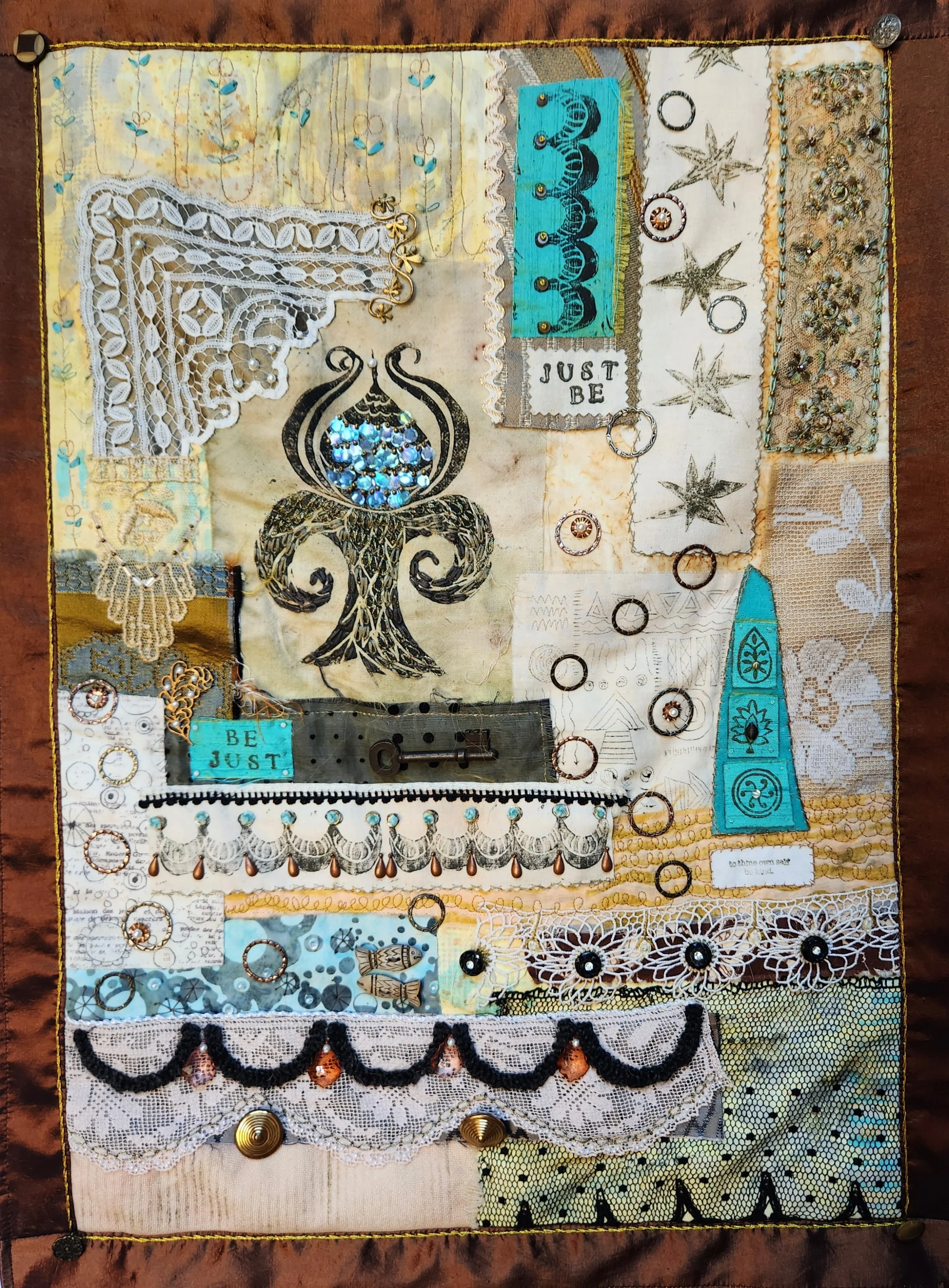 textile art, original bold intuitive design fabric collage, painted and stenciled fabrics, reclaimed fabrics, vintage fabrics, vintage trims, buttons, embellishments, beads, hand embroidery, free motion stitching