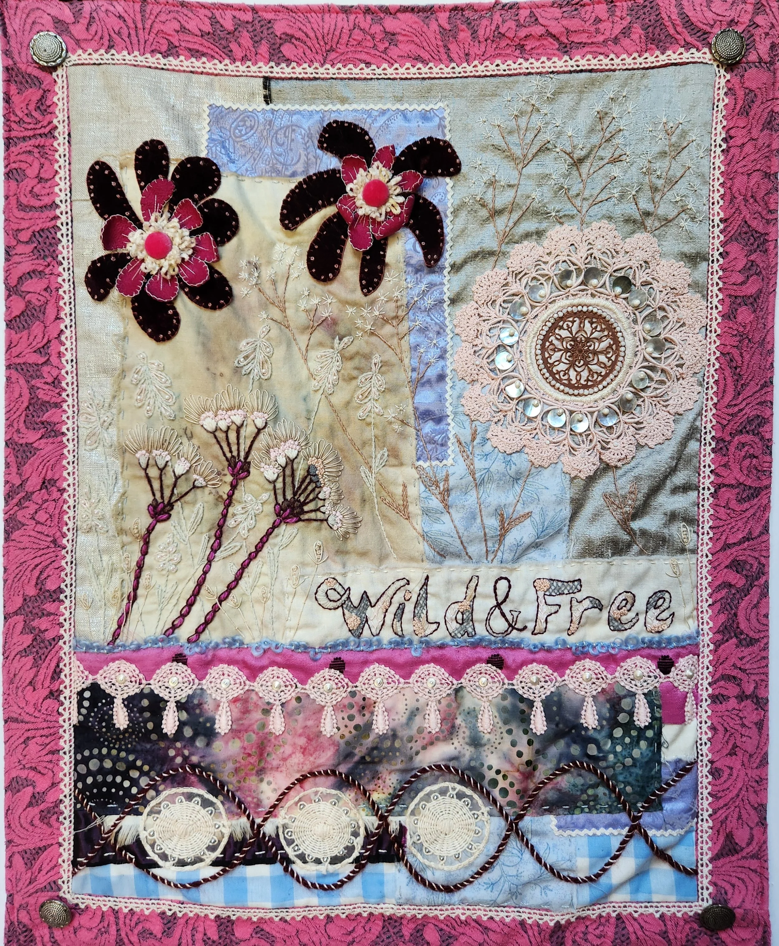 textile art, original bold intuitive design fabric collage, painted and stenciled fabrics, reclaimed fabrics, vintage fabrics, vintage trims, buttons, embellishments, beads, hand embroidery, free motion stitching