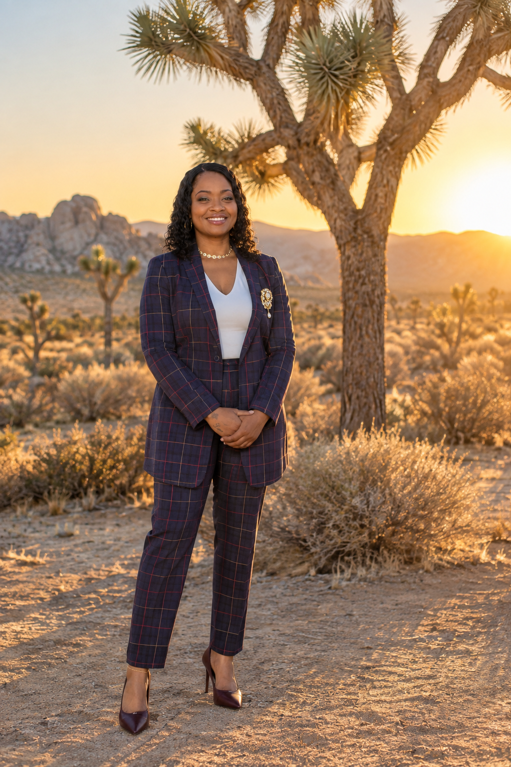 A woman in a plaid suit stands outdoors in a desert landscape at sunset, smiling. She wears high heels and jewelry, with a large tree and desert plants around her.