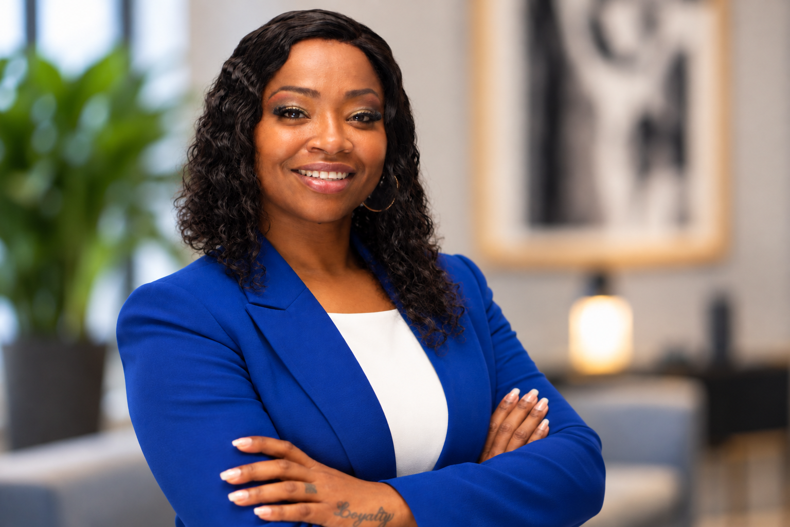 A smiling African American woman with curly hair, wearing a bright blue blazer and arms crossed, standing in a modern, well-lit office environment.
