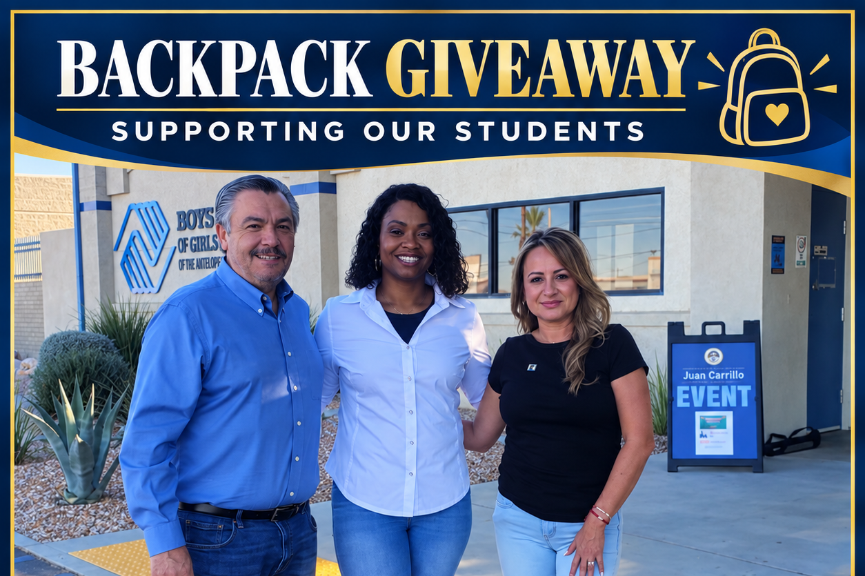 Three people standing outside a building with a sign that reads "Boys of Girls" and a smaller sign that says "Event," supporting a Backpack Giveaway for students.