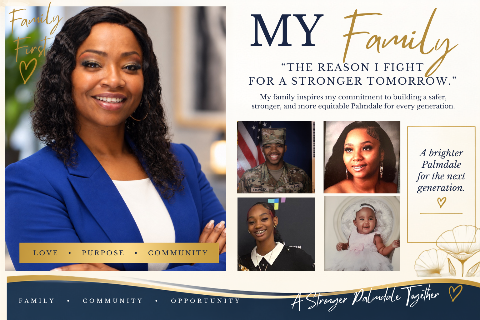 A woman in a blue blazer smiling, with text emphasizing family themes, supporting images including a soldier, a young woman, and a baby, and message about community and empowerment.