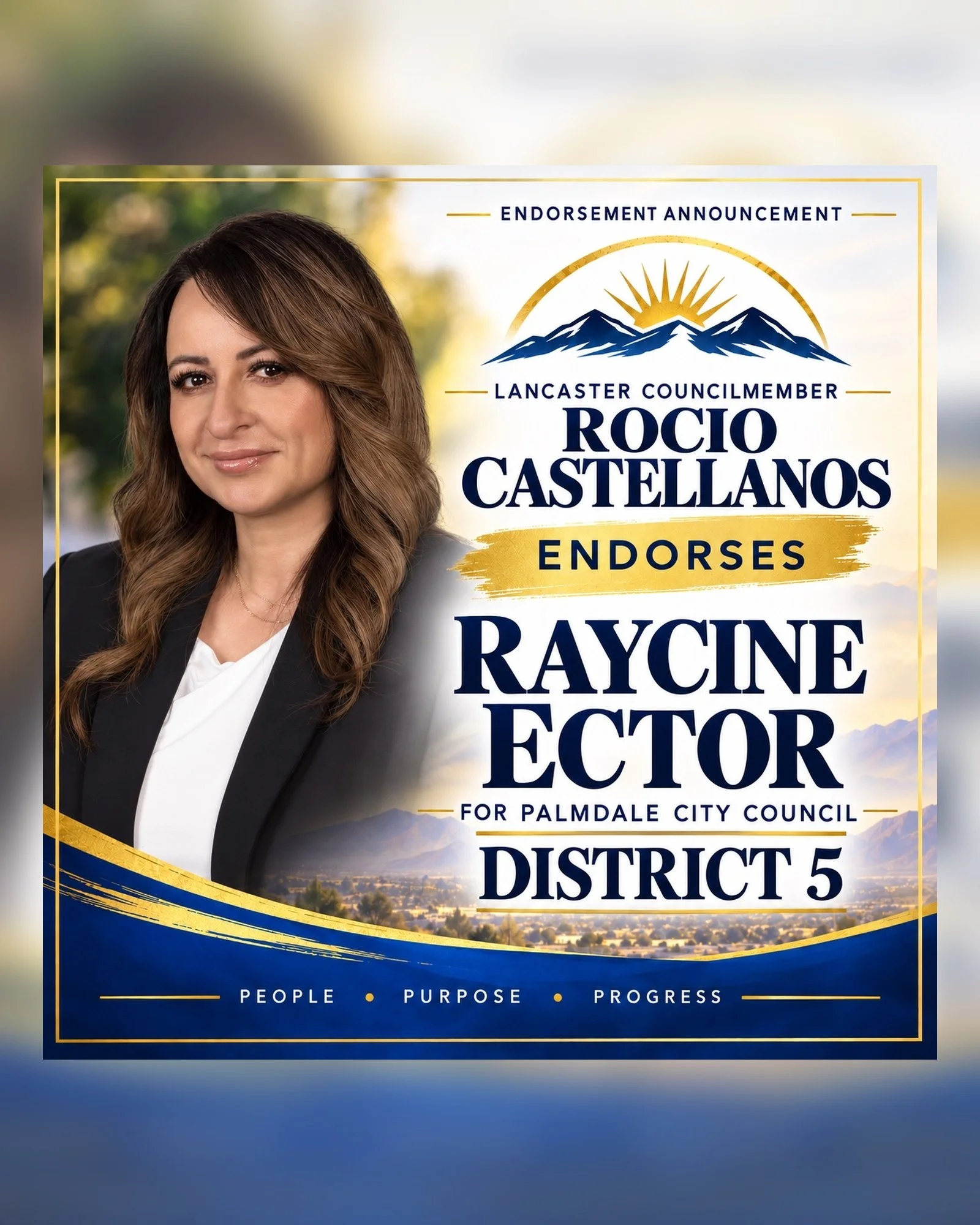 Campaign poster featuring a woman with long brown hair, endorsing Rocio Castellanos for Palmdale City Council, District 5, with a mountainous landscape and sunrise in the background.