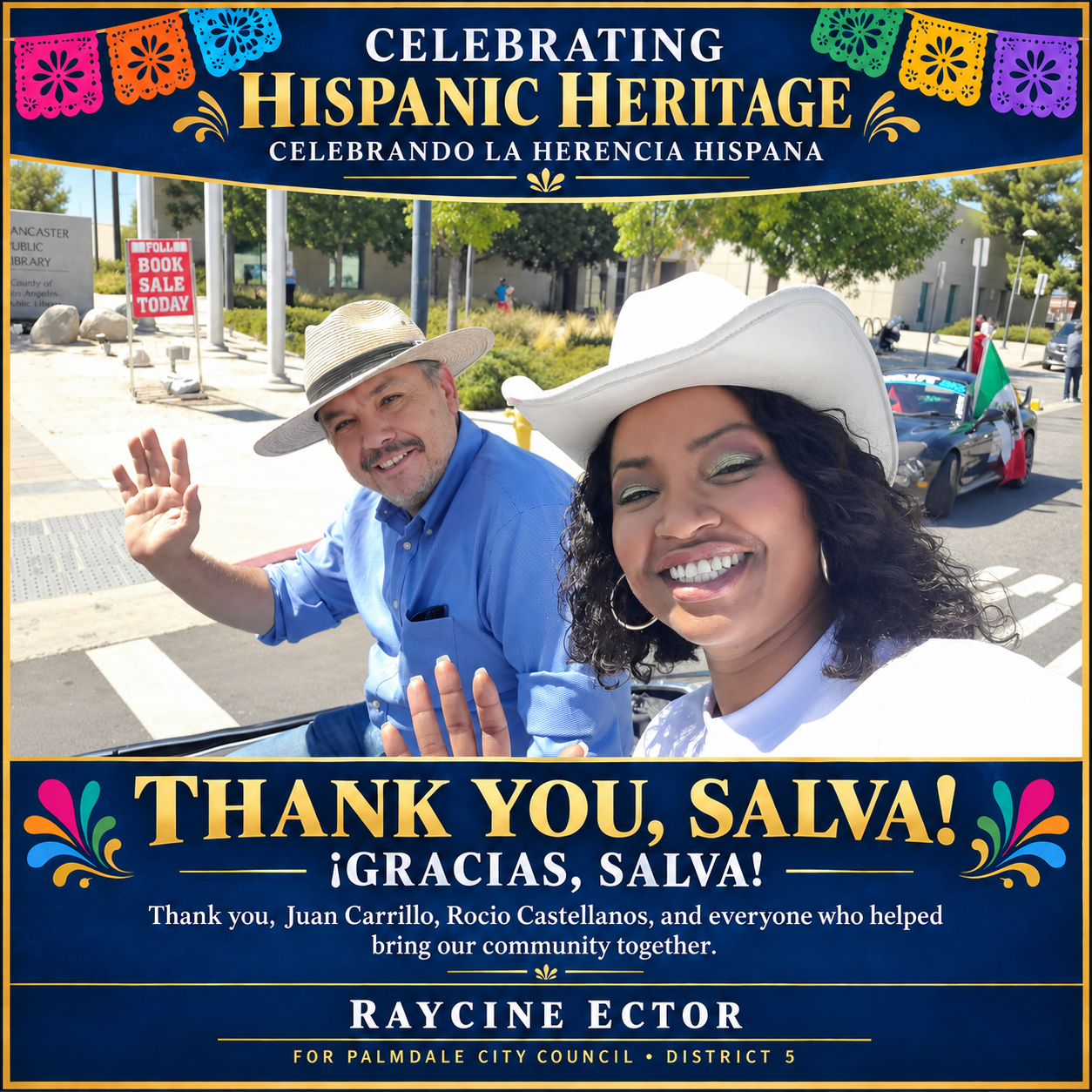 A man and woman wearing white hats smiling and waving at the camera during a Hispanic heritage celebration. Behind them, a decorated car with an Italian flag and a sign for a book sale can be seen. The banner above reads "Celebrating Hispanic Heritage" with the words "Thank You, Salva!" and bilingual message of gratitude.