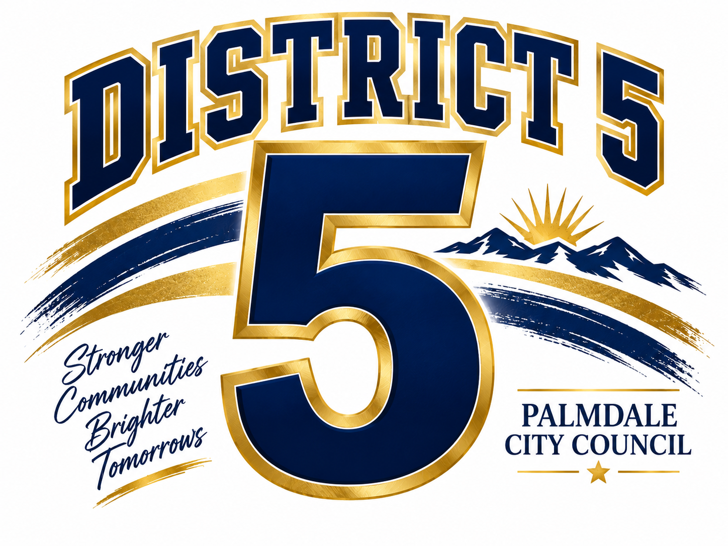 Logo celebrating Palmdale City Council's 55th anniversary, with a large blue number 5 with a gold outline, mountains with a sunrise, and the text "Disiticts" at the top, and "Palmdale City Council" at the bottom. Slogan says "Stronger Communities Brighter Tomorrows."
