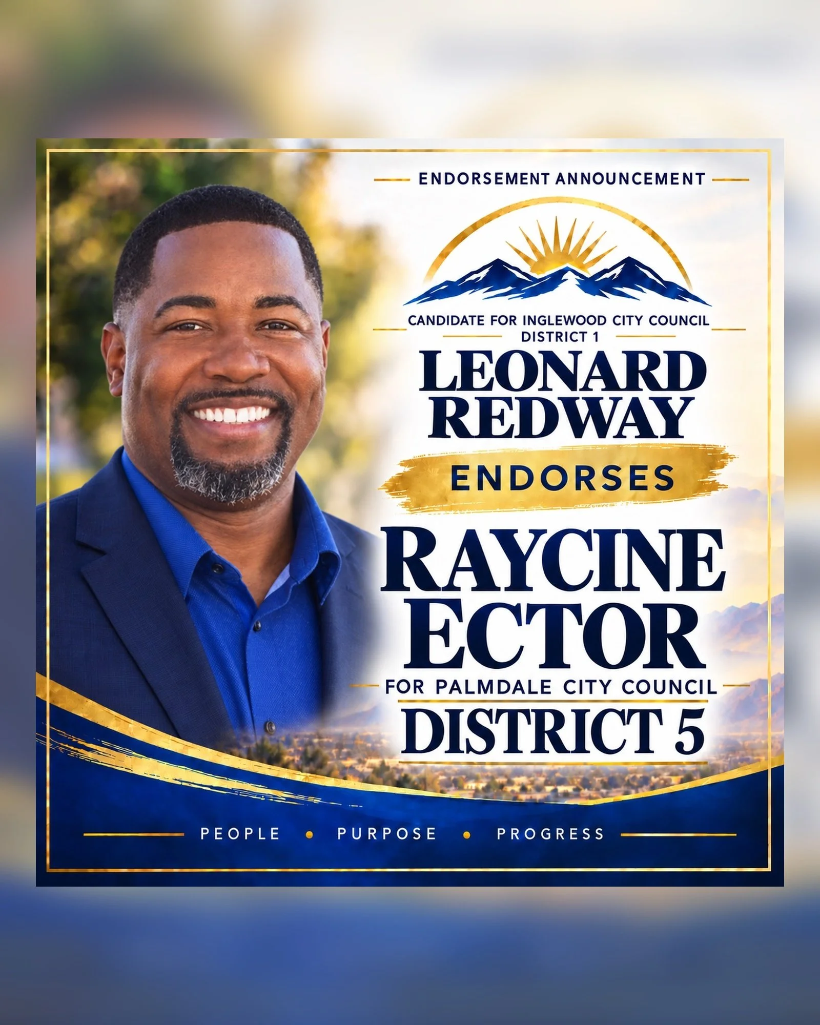 Political campaign flyer featuring a smiling man in a blue suit, endorsing Leonard Redway for Palmdale City Council, District 5, with mountains and sunrise illustration.