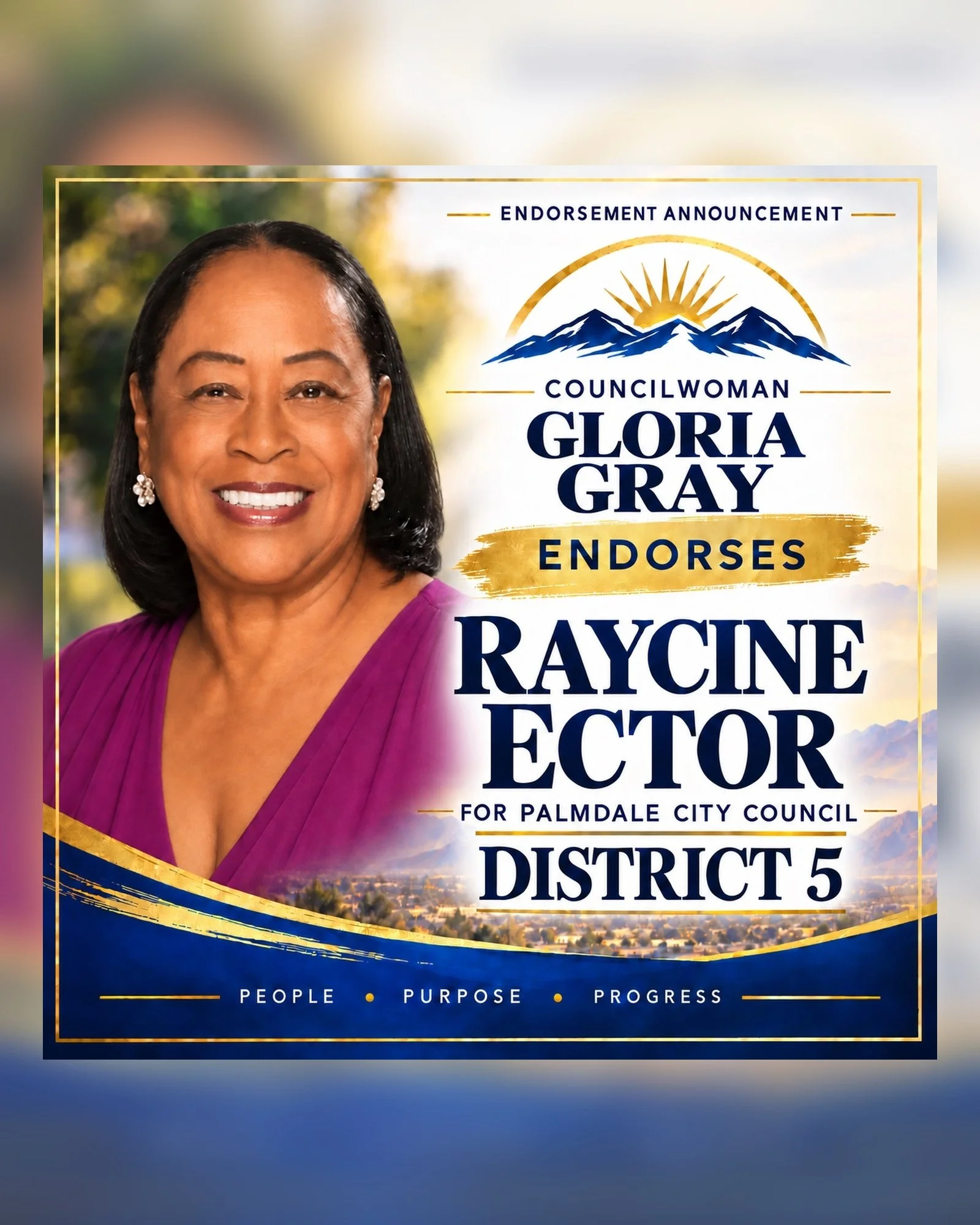 A political campaign poster featuring Gloria Gray, endorsing her for Palmdale City Council District 5. The poster includes her smiling portrait, mountains with a rising sun logo, and background scenery of a landscape with mountains and trees.
