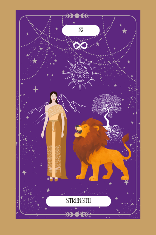 A tarot card titled "Strength" featuring a woman in a beige dress and a lion, set against a purple background with celestial symbols, stars, a sun and moon illustration, mountains, and a tree.