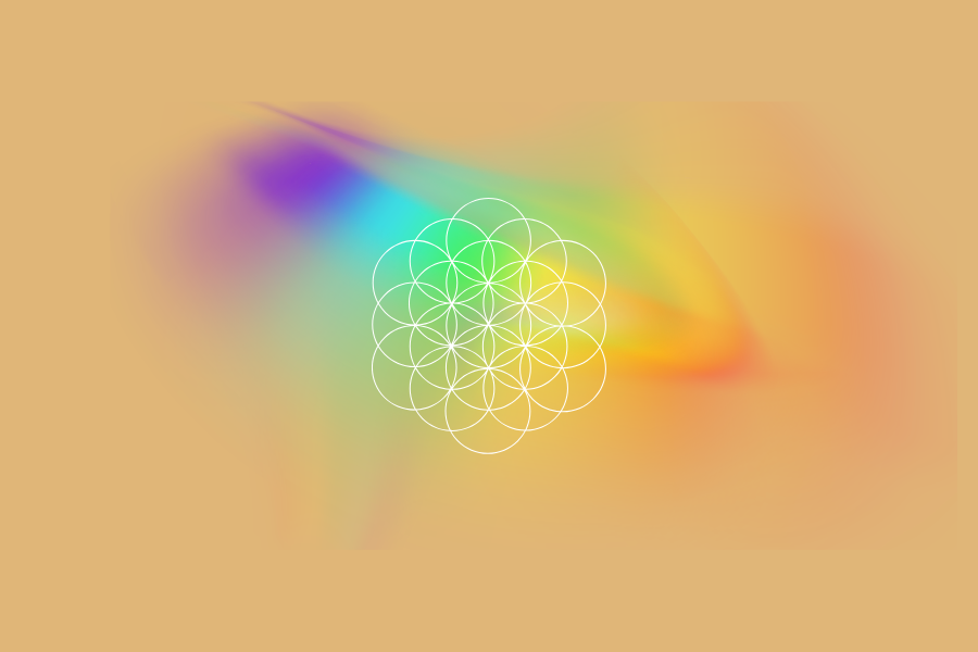 Abstract rainbow-colored swirl with white geometric pattern in the center