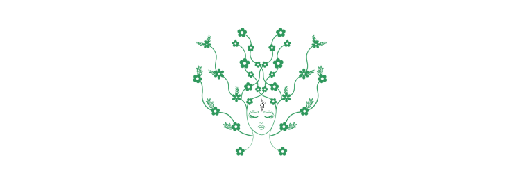 Illustration of a woman's face with long, flowing hair made of green flowers and vines.