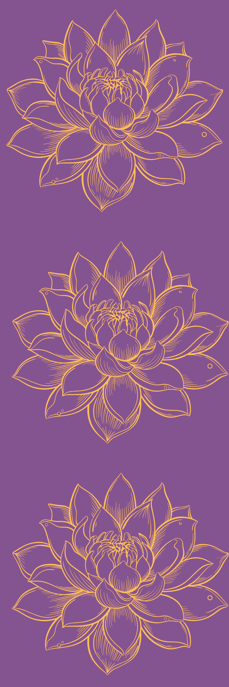Gold line drawing of three lotus flowers on a purple background, arranged vertically.