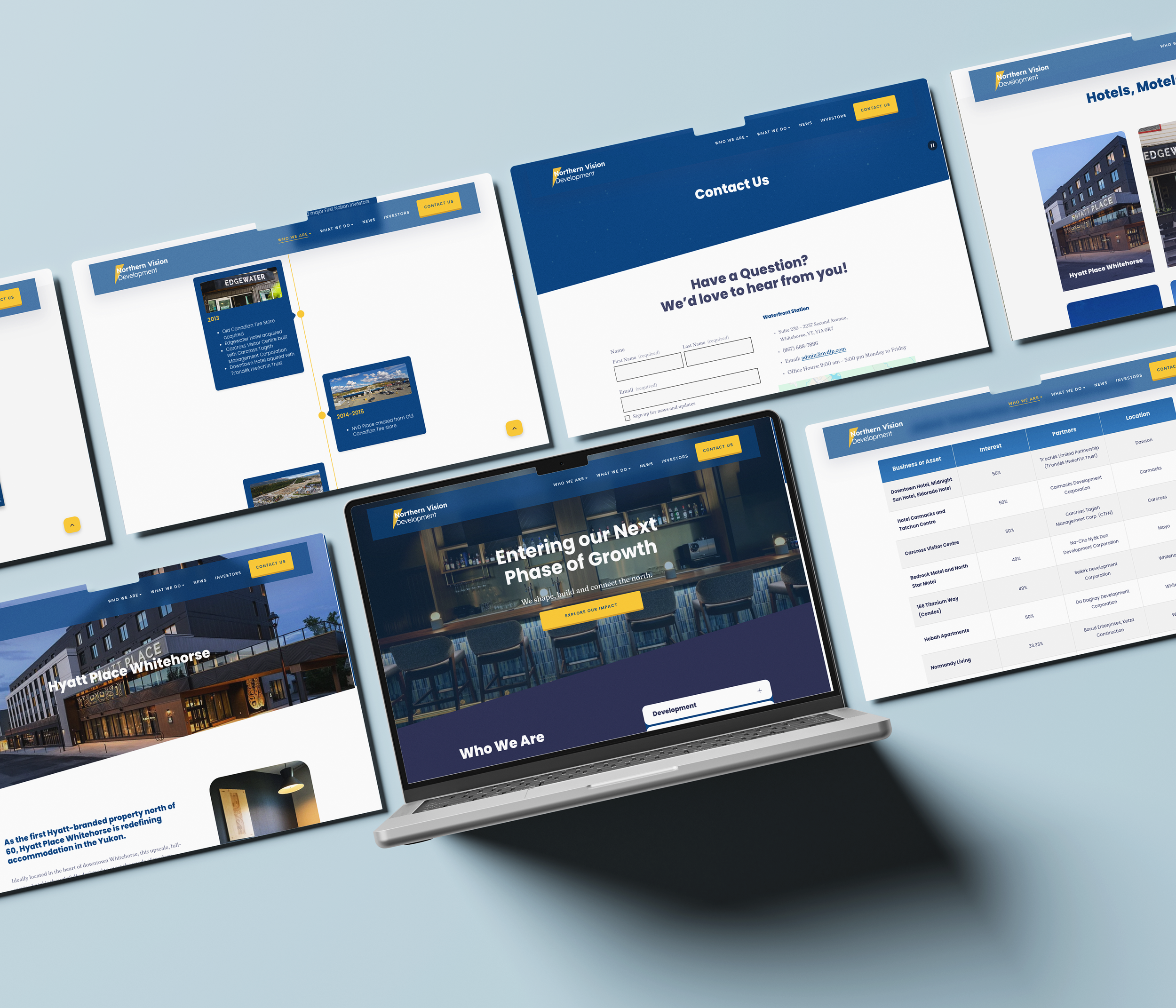 Multiple website pages for Northern Vision Development displayed on various screens, showcasing their contact information, project highlights, and business details, with a focus on real estate and development projects.