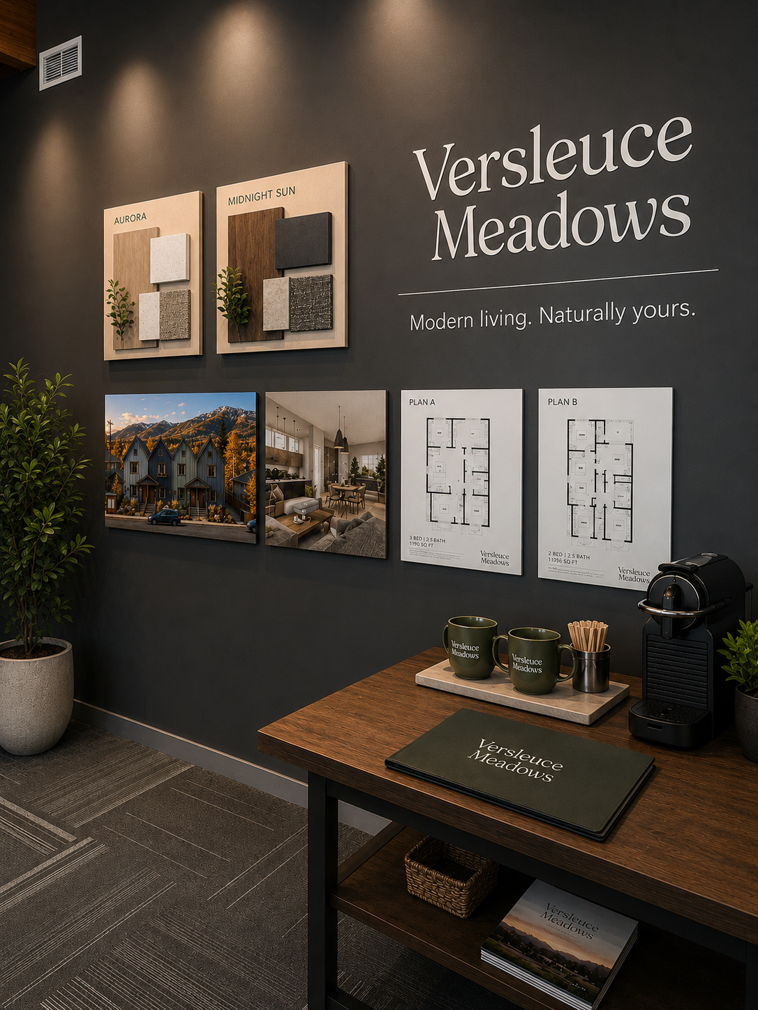 Marketing display wall at Versleuce Meadows featuring wood and tile material samples, interior and exterior property images, and floor plans, with a table holding brochures, coffee mugs, and a coffee machine.