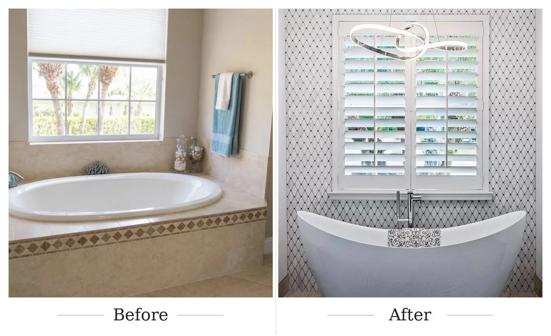 Side-by-side comparison of a bathroom before and after renovation. The before image shows a built-in bathtub with beige tile surround beneath a large window with palm trees visible outside, and a towel rack with blue and white towels. The after image features a modern freestanding bathtub in front of a window with white shutters, with a geometric patterned wall and a stylish circular light fixture above.