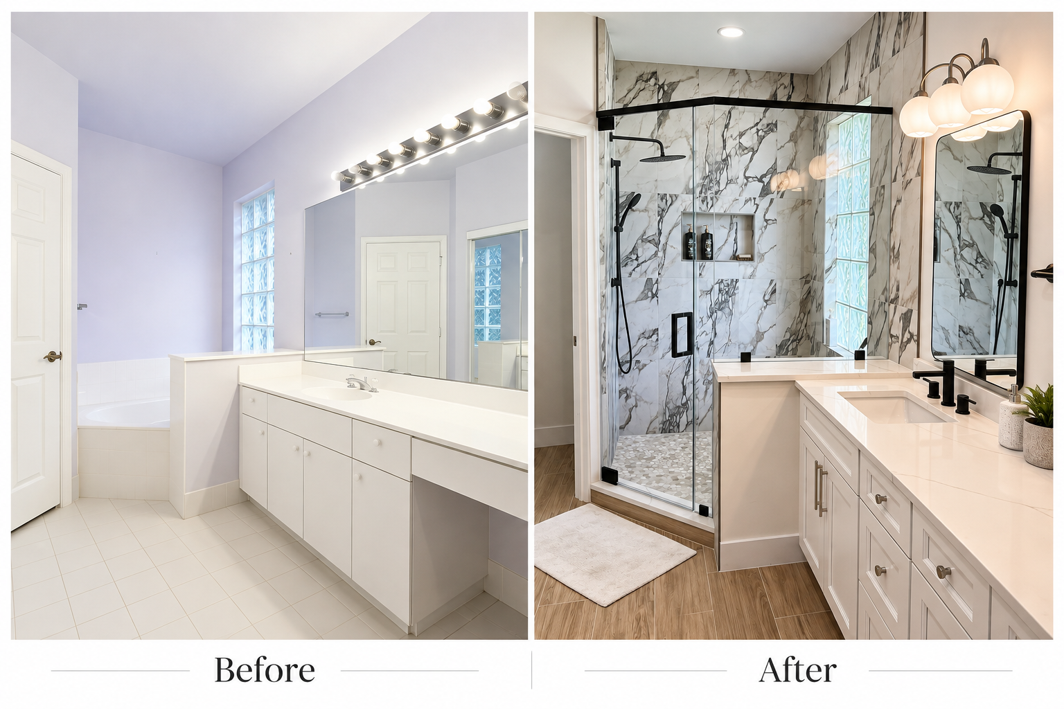 Side-by-side comparison of a bathroom before and after renovation. The before image shows a plain, white bathroom with minimal decor, a large mirror, a bathtub, and simple cabinetry. The after image displays a modern bathroom with marble-patterned walls, a glass shower enclosure, wooden flooring, a white vanity with black fixtures, and decorative lighting.