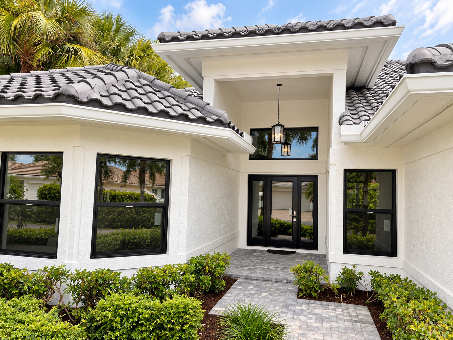 Front entrance of a modern house with black double doors, large windows, a gray tiled roof, hanging lantern lights, and a landscaped front yard with green bushes and a paved walkway.