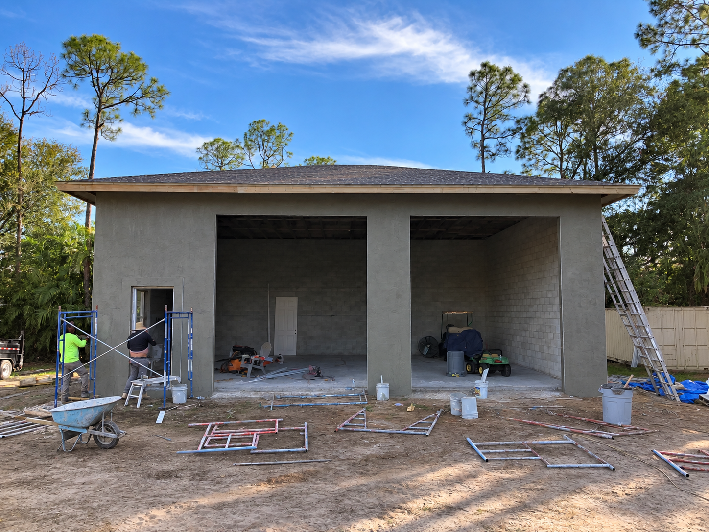 Construction of a two-car garage with gray walls and open bays, featuring construction workers, tools, and building materials, with a partly cloudy sky and trees in the background.