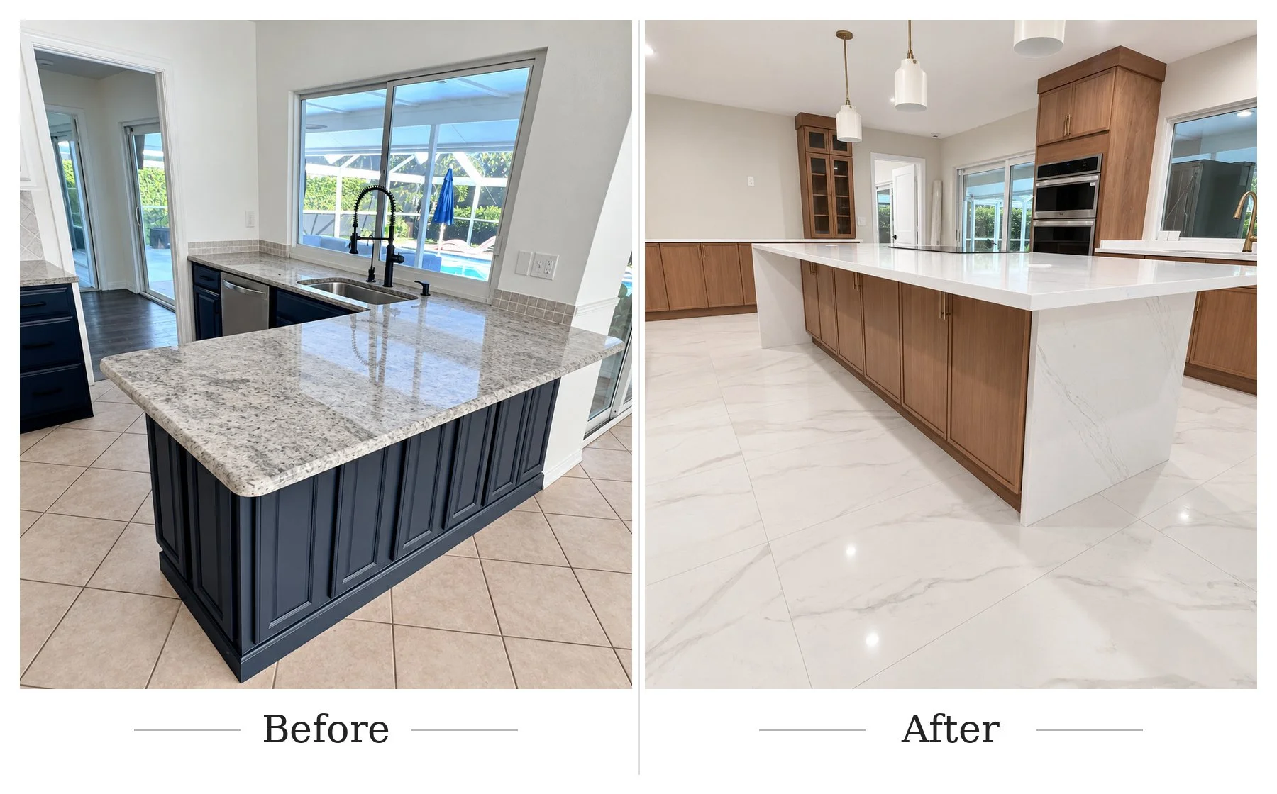 Side-by-side comparison of a kitchen before and after renovation. The left shows a kitchen with dark blue cabinets, granite countertops, beige tile floor, and a view of a screened pool area. The right shows a updated kitchen with white marble countertops, wood cabinets, and a light, marble tile floor.