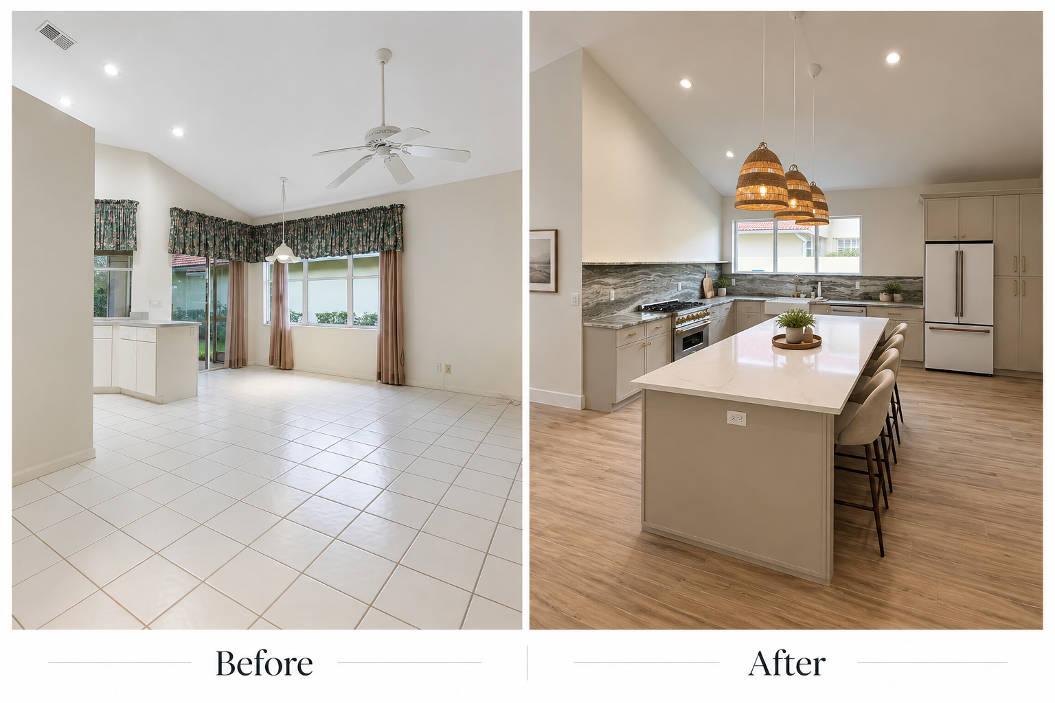 Comparison of a kitchen before and after renovation. The 'Before' side shows an empty room with a tiled floor, cream walls, a ceiling fan, and large windows with floral valances and beige curtains. The 'After' side features a modern kitchen with wooden flooring, a large island with seating, pendant lights, gray marble backsplash, white cabinetry, and stainless-steel appliances.
