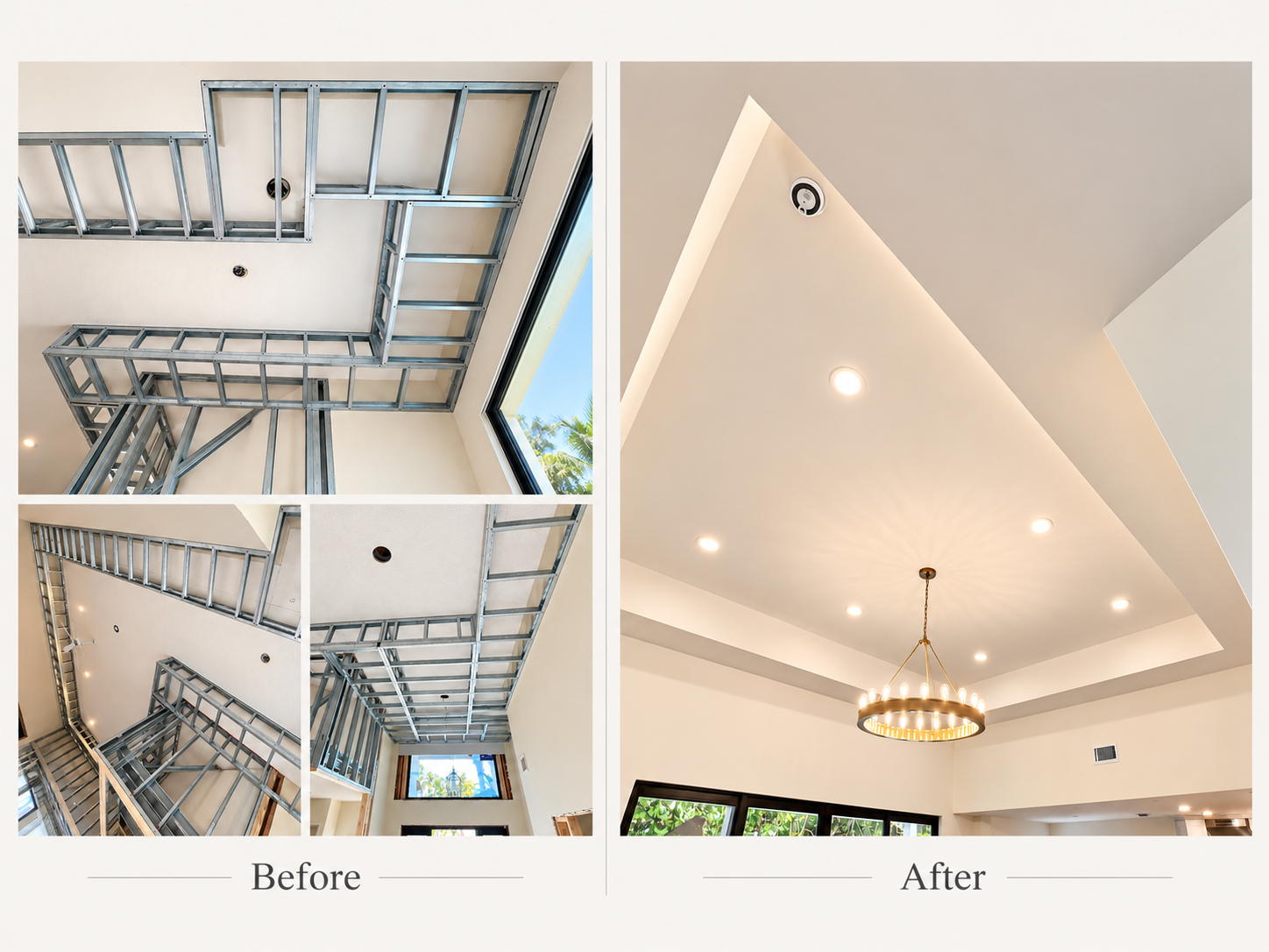Comparison of a ceiling during construction with metal framing for new drywall and a finished ceiling with recessed lighting and a chandelier.