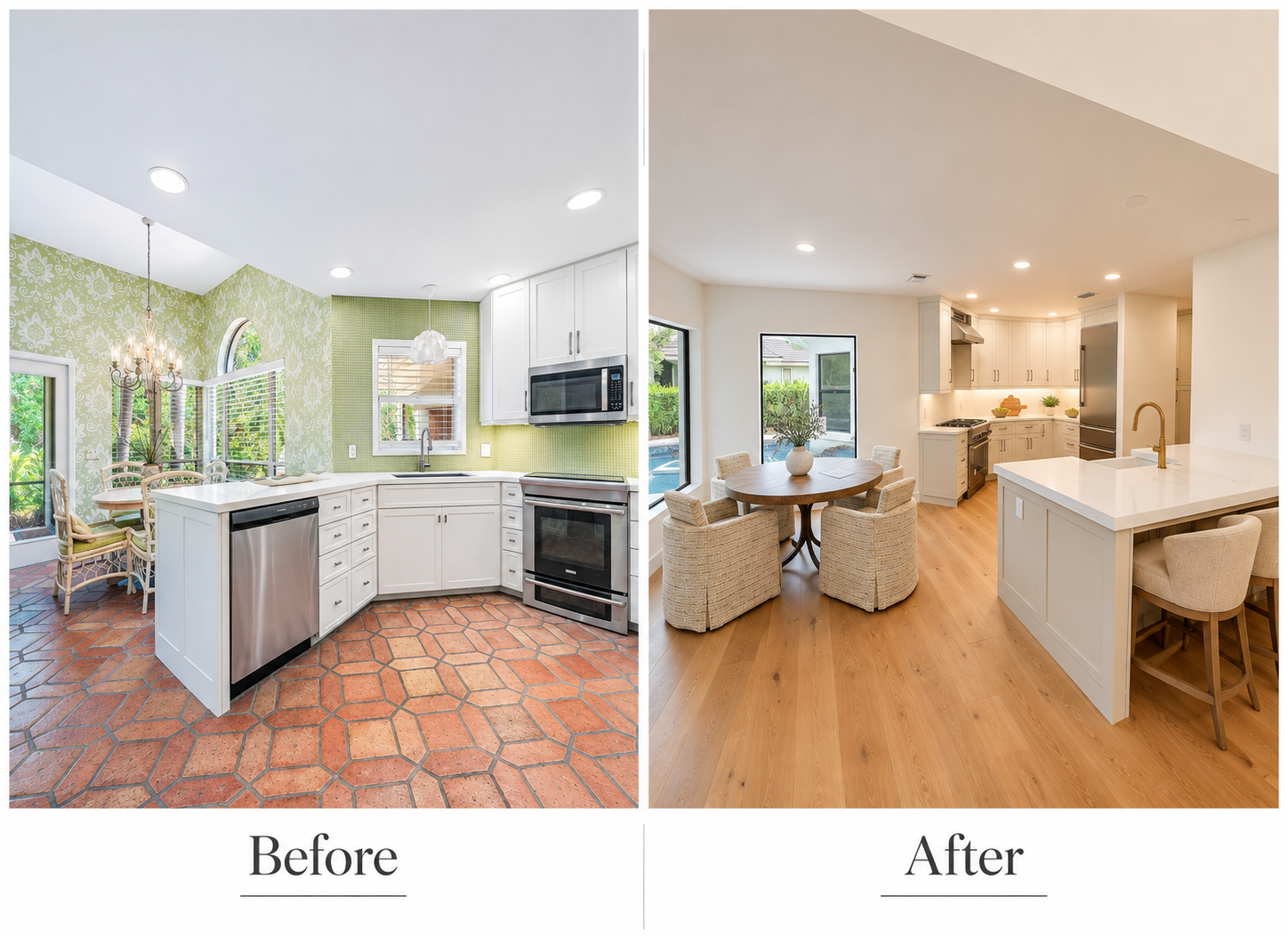 Side-by-side comparison of a kitchen before and after renovation. The 'Before' photo shows a kitchen with green wallpaper, red tile flooring, white cabinets, and older appliances. The 'After' photo displays a modern kitchen with white cabinets, light wood flooring, and a clean, minimalist design.