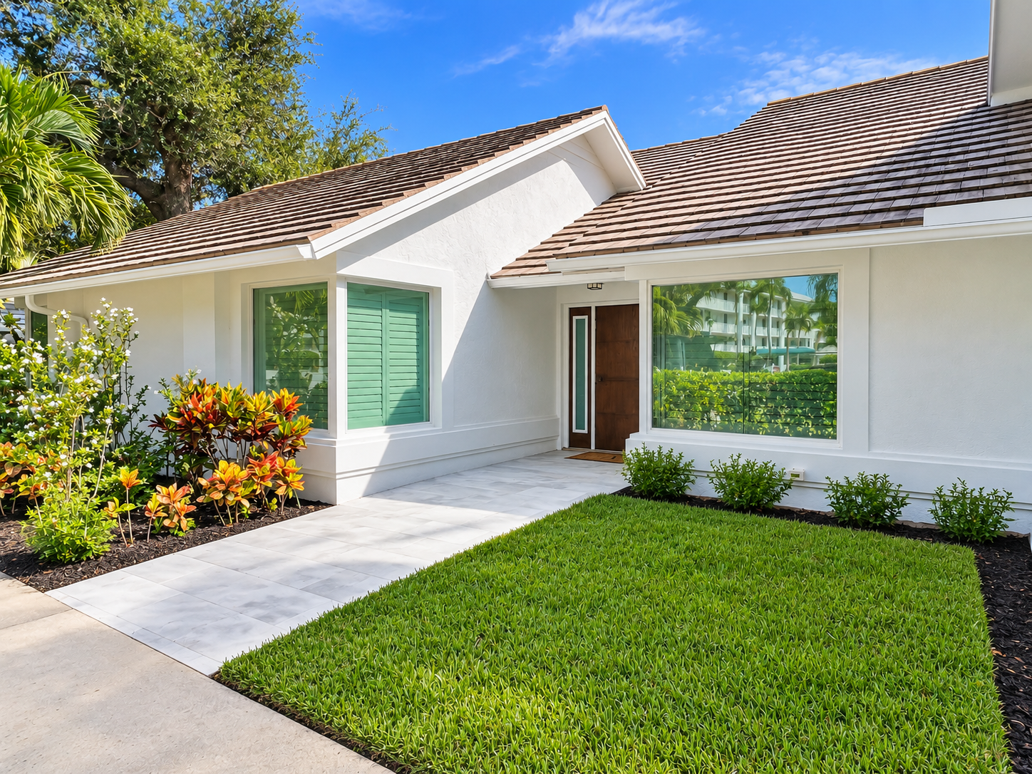 Front view of a modern house with white exterior, brown tiled roof, large windows, green lawn, and landscaped garden with shrubs and flowers, under a blue sky with some clouds.