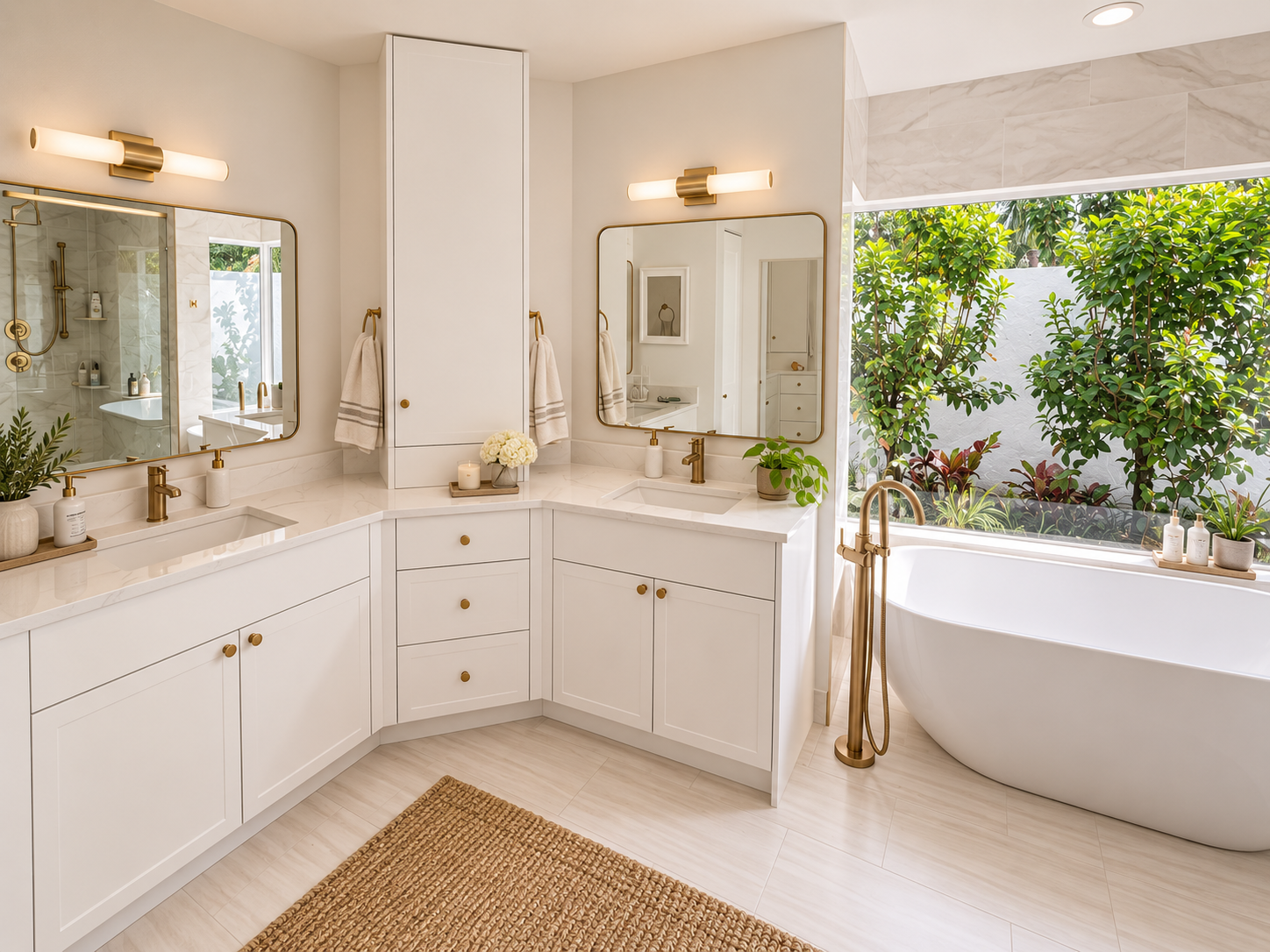 Modern bathroom with white cabinetry, double sinks with gold fixtures, and a large window overlooking lush greenery. Includes a freestanding bathtub, potted plants, candles, and decorative towels.