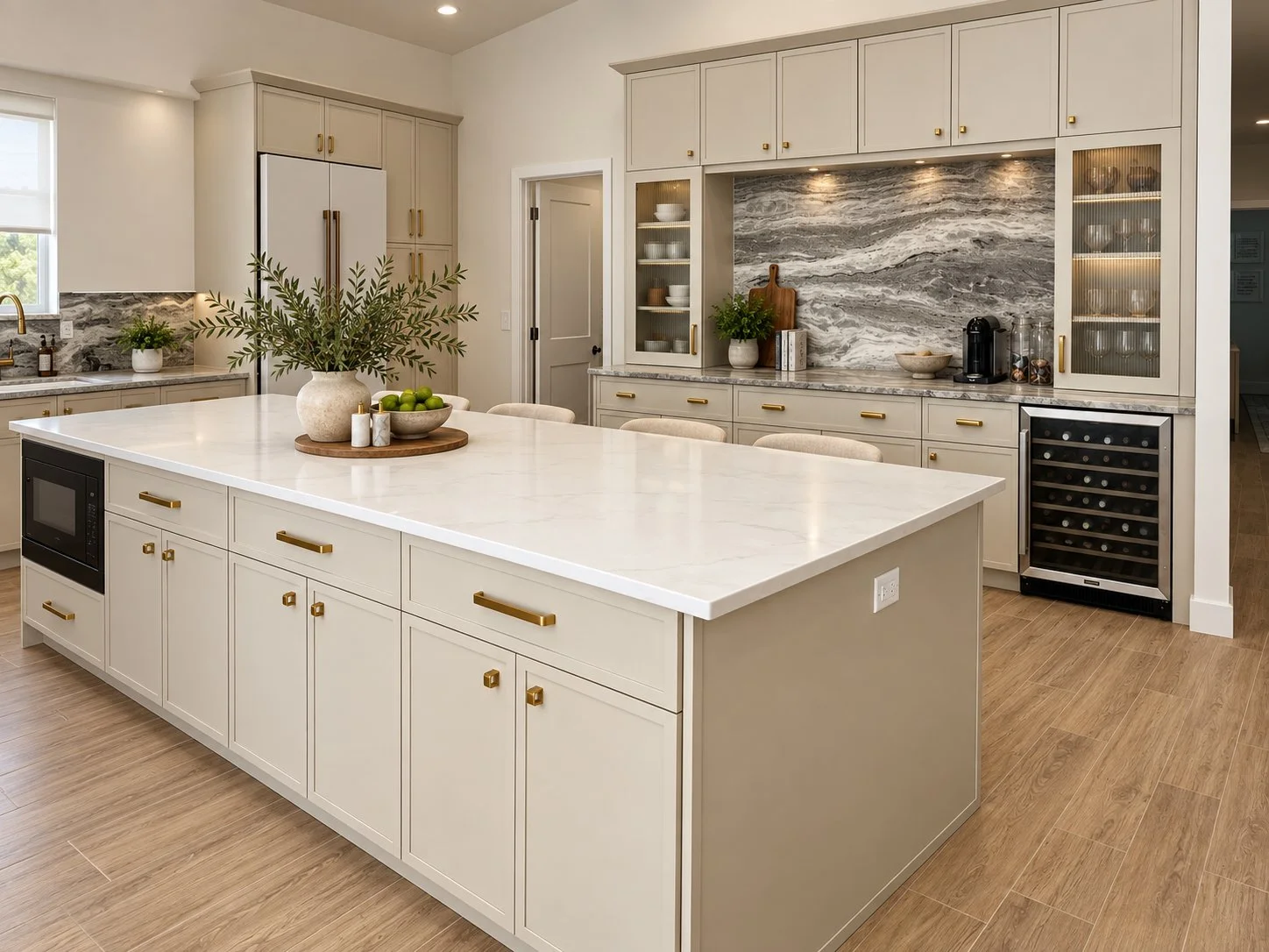Modern kitchen with white cabinetry, marble backsplash, and a large island with a vase and green apples. Includes built-in appliances and open shelving with dishes.