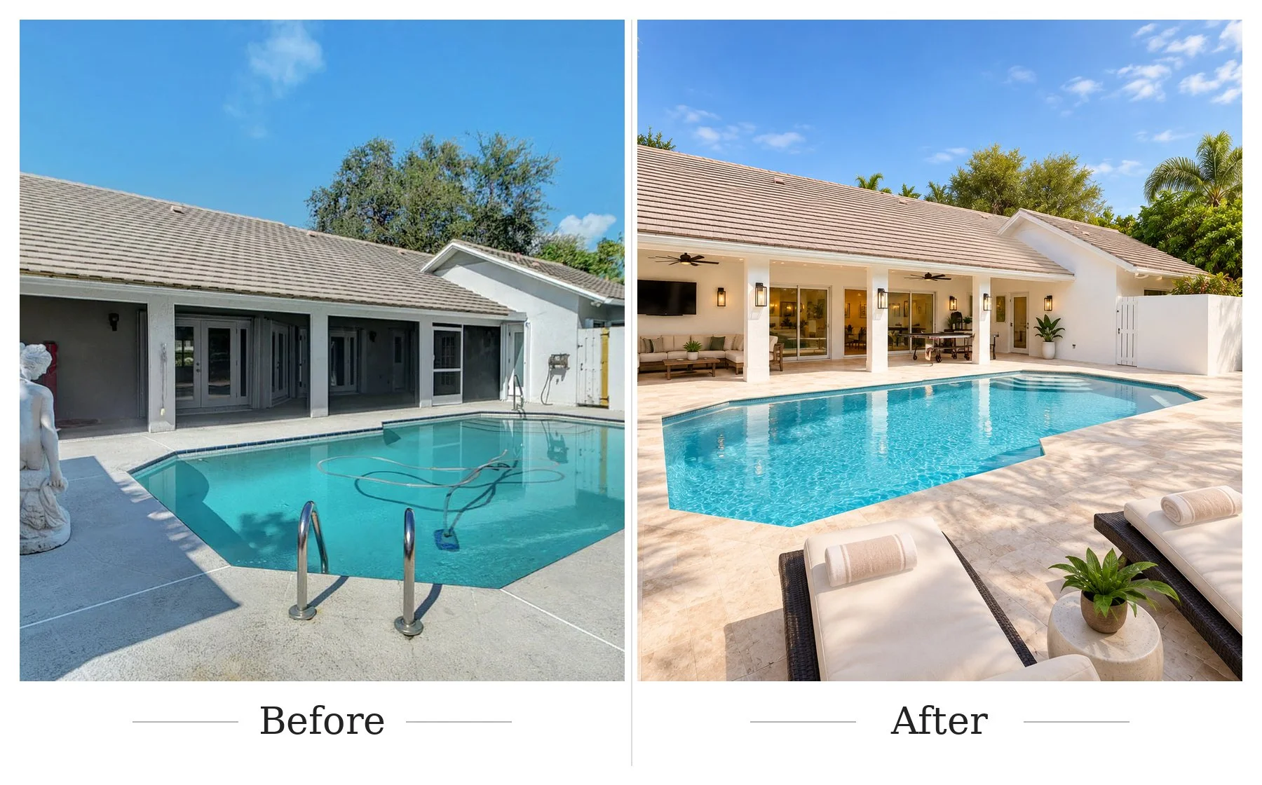 Side-by-side comparison of a backyard swimming pool area before and after renovation. The before image shows a basic pool with a concrete deck, unfinished wall area, and limited decor. The after image features a sleek, modern pool with a light-colored stone deck, comfortable seating, ceiling fans, greenery, and completed wall finishes, creating an inviting outdoor living space.