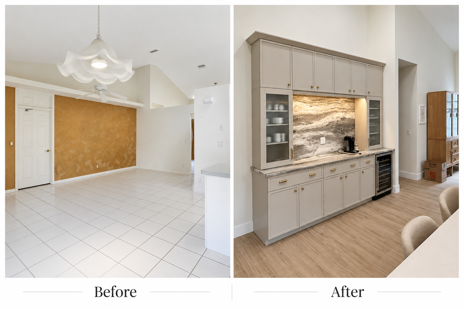 Side-by-side comparison of a kitchen reveal; before image shows an empty white space with a textured yellow wall, white tile flooring, and a ceiling fan with a light fixture; after image shows a renovated kitchen with light gray cabinets, a marble backsplash, wood flooring, and a coffee station.
