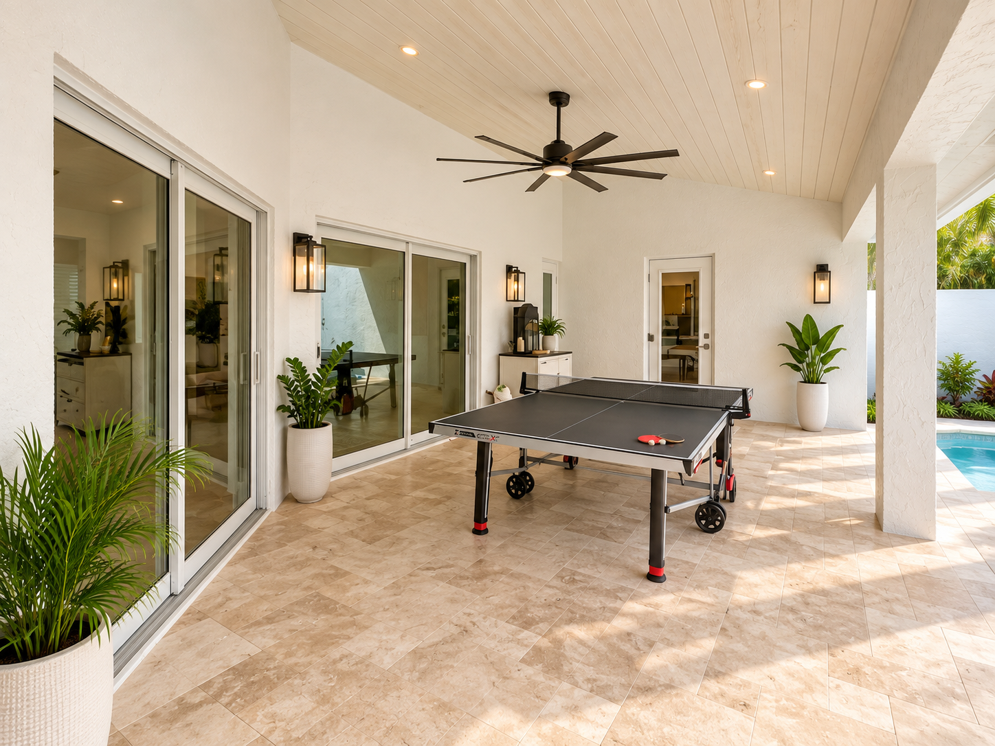 A covered outdoor patio with a ping pong table, potted plants, sliding glass doors, wall-mounted lantern-style lights, and a ceiling fan, with a view of a pool and tropical greenery outside.
