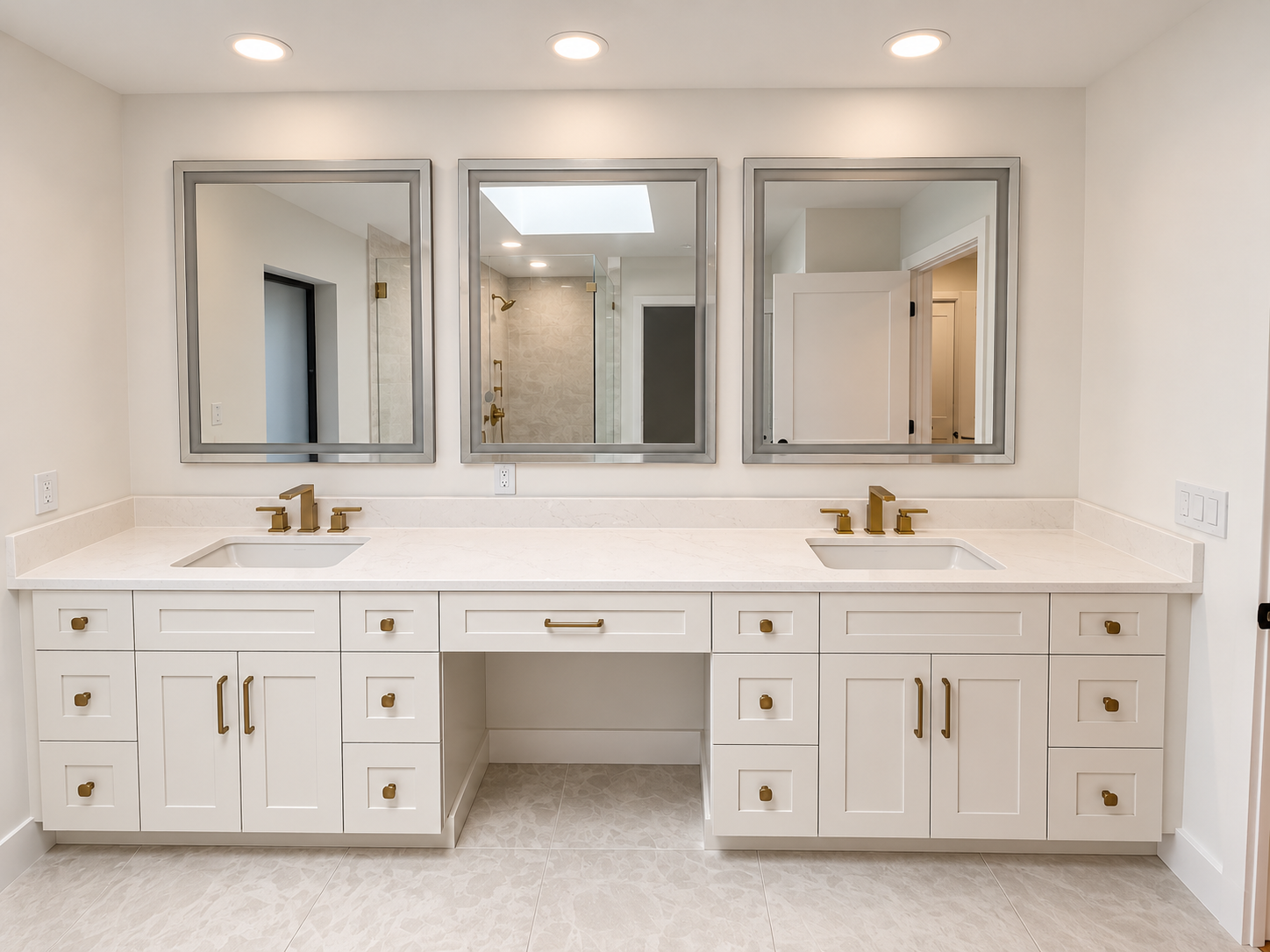 Double vanity bathroom with two mirrors, gold fixtures, white cabinetry, and a tiled floor, with a view into the shower area reflected in the mirrors.