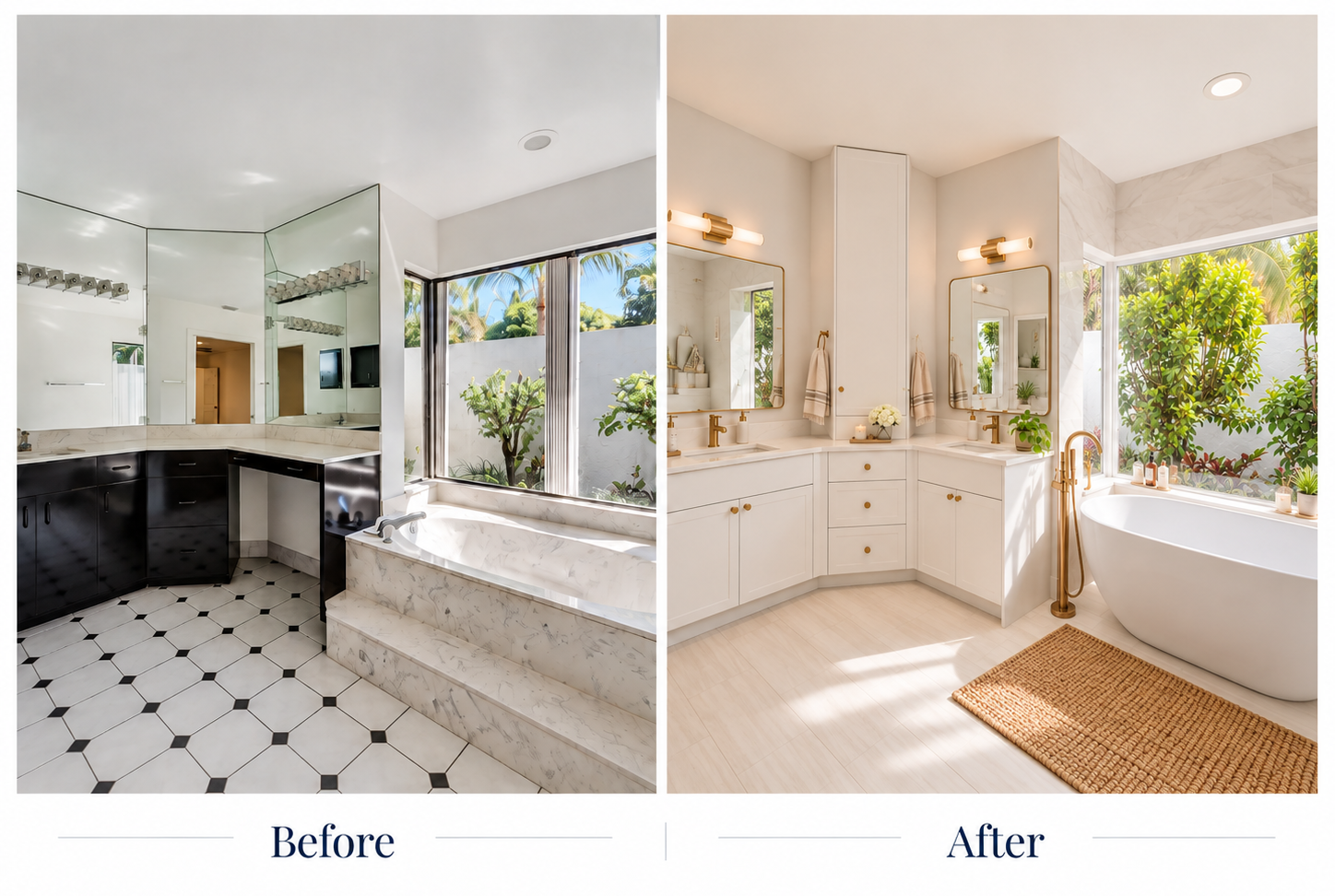 Side-by-side comparison of a bathroom before and after renovation. The 'Before' bathroom features a dark cabinetry, large mirror, marble tub with steps, and black-and-white hexagonal tile flooring. The 'After' bathroom showcases a bright, white vanity with gold fixtures, a modern bathtub by a large window with greenery outside, and a light-colored floor with minimal decor.