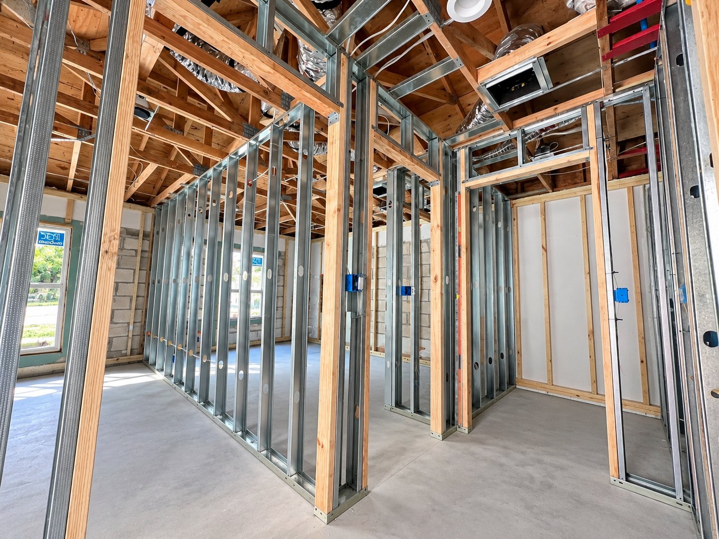Interior view of a house under construction, showing metal framing, wooden studs, and exposed ceiling beams. Large windows are visible, and HVAC ducts are installed in the ceiling.