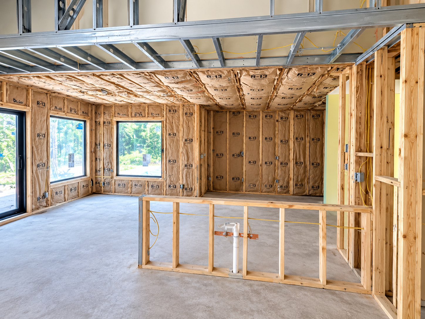 Interior of a house under construction with framed walls, insulation, and windows, showing an open space with a concrete floor.