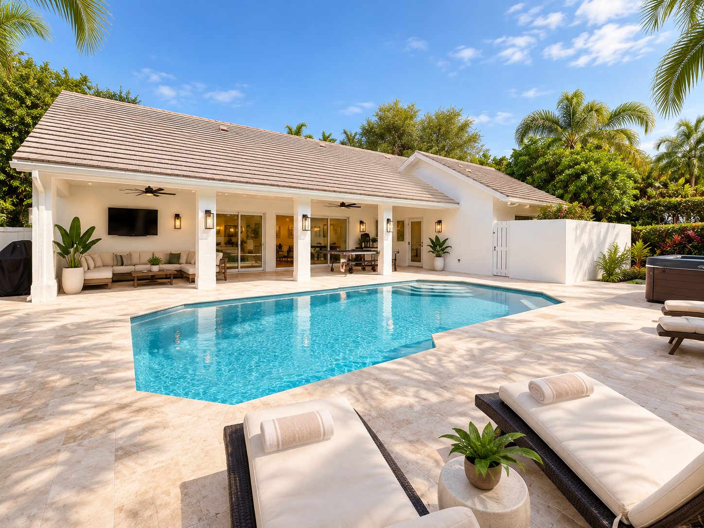 Backyard view of a house with a swimming pool, lounge chairs with rolled towels, lush greenery, and a bright blue sky.