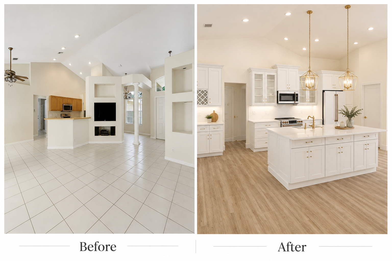 Side-by-side comparison of a kitchen before and after renovation. The 'Before' side shows a room with white tiled floor, beige walls, and mixed wood and white cabinets. The 'After' side features a bright white kitchen with wood-look flooring, white cabinetry, a central island, and modern light fixtures.