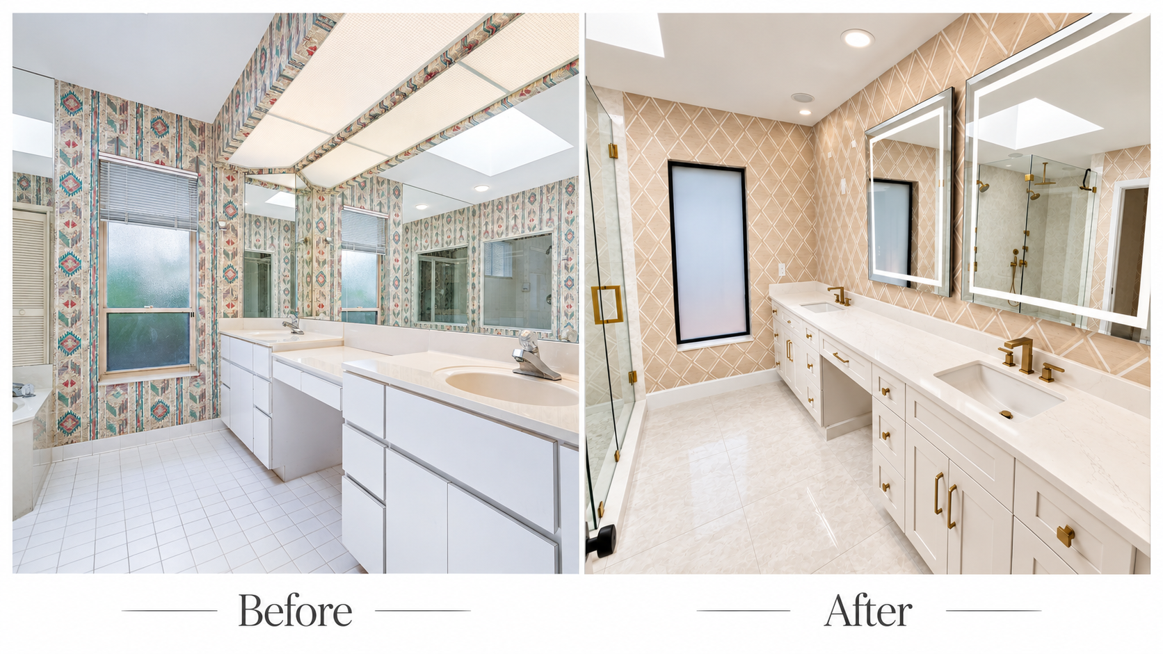 Side-by-side comparison of a bathroom before and after renovation. The "Before" side shows a dated bathroom with patterned wallpaper, frosted windows, and white cabinets. The "After" side displays a modern, updated bathroom with peach-colored textured wall tiles, sleek white cabinetry, large mirrored vanities with backlit frames, and a clear glass shower enclosure.