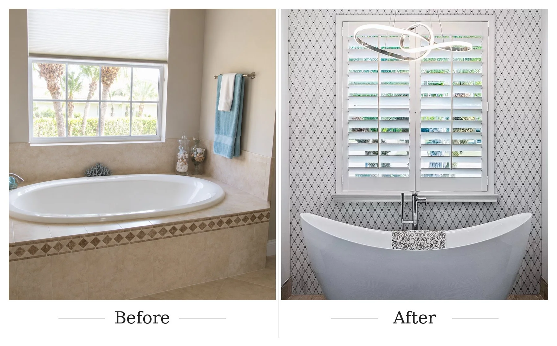 Side-by-side comparison of a bathroom before and after renovation, showing a bathtub with window and decor in the before image, and a modern freestanding bathtub with a window and geometric wallpaper in the after image.