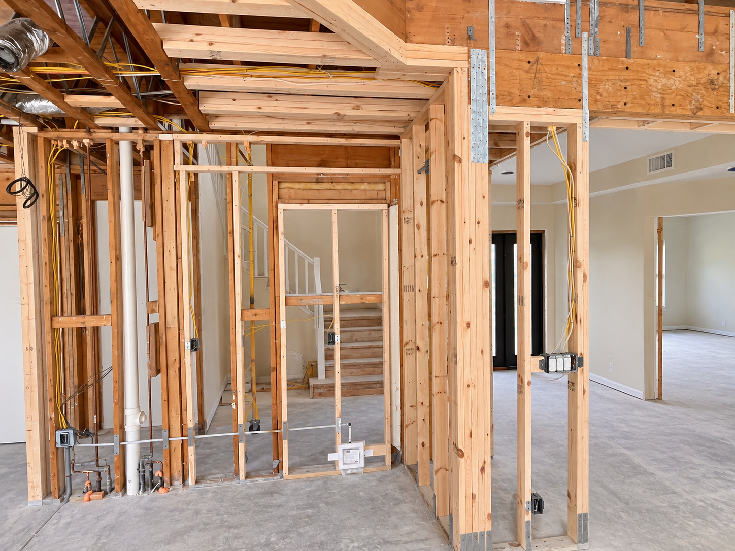 Interior of a house under construction, showing wooden wall studs, electrical wiring, and hallway with stairs.