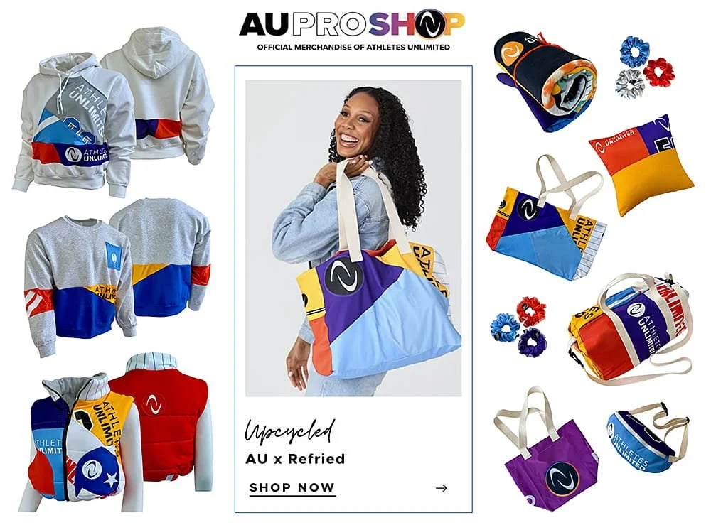 Upcycled Athletes Unlimited merch by Refried Apparel: patchwork hoodies, jackets, totes, pillows, scrunchies and a duffel made from surplus uniforms.