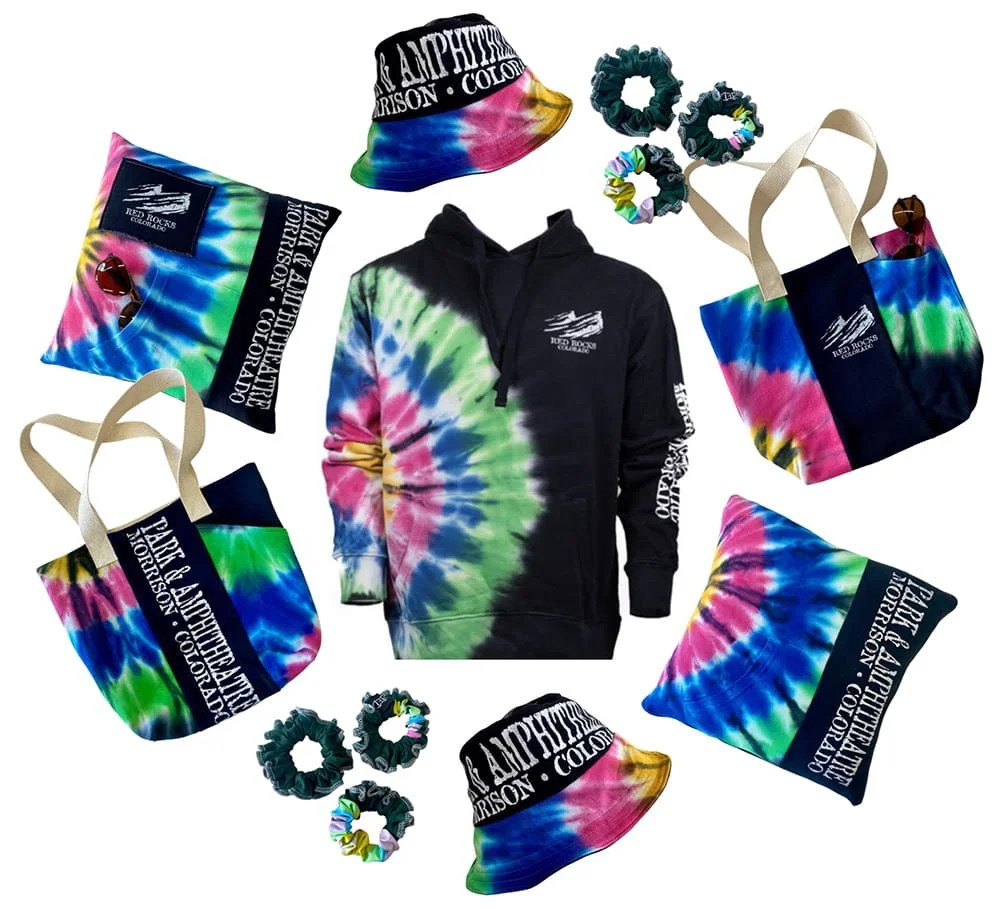 Upcycled Red Rocks Park & Amphitheatre merchandise by Refried Apparel: tie-dye hoodie, bucket hats, tote bags, pouches and scrunchies made from unsold sweatshirts