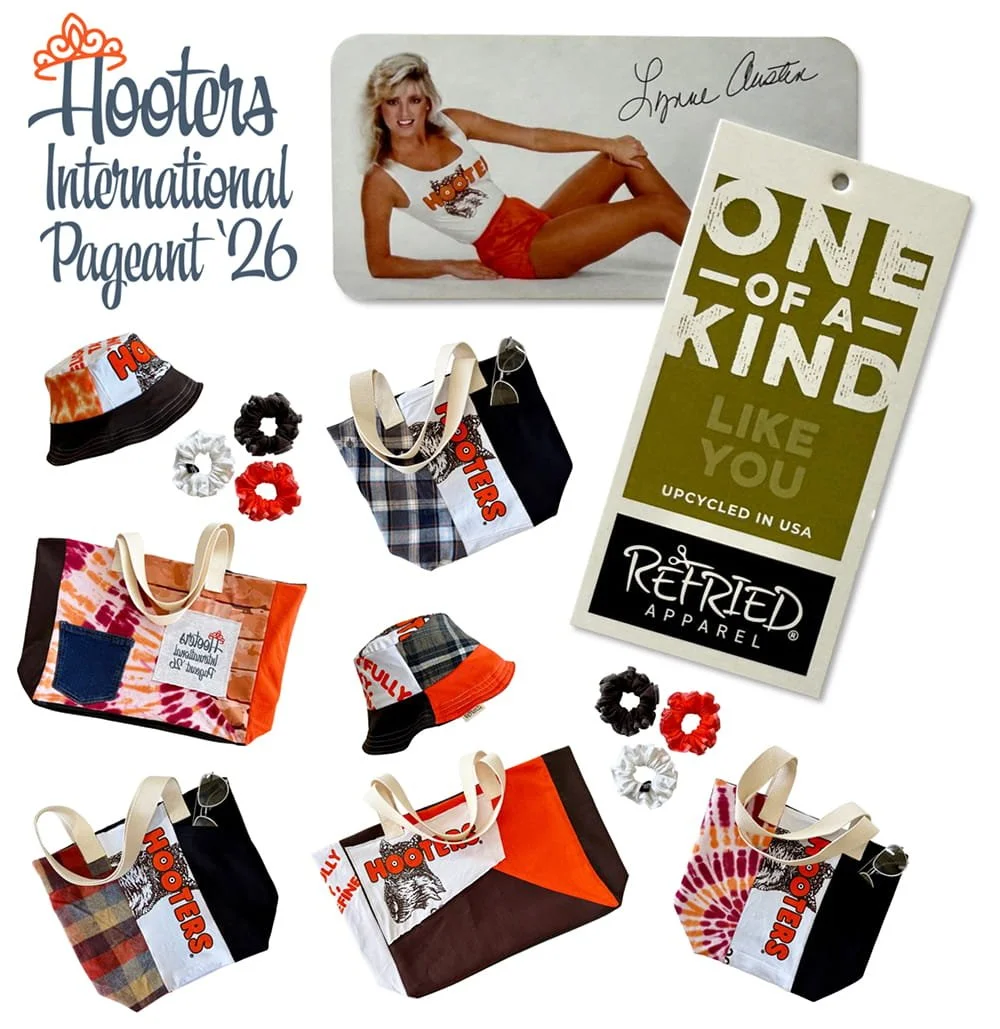 Upcycled tote bags, bucket hats and scrunchies made from surplus Hooters T-shirts for the Hooters International Pageant ‘26 and Lynne Austin Collection