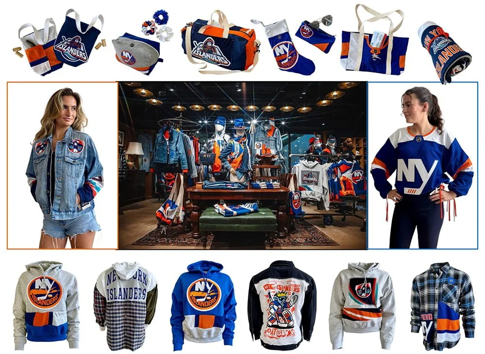 Refried upcycled New York Islanders apparel at the ISLES LAB team store: patchwork hoodies, denim jacket, flannel, totes and scrunchies in Islanders blue and orange