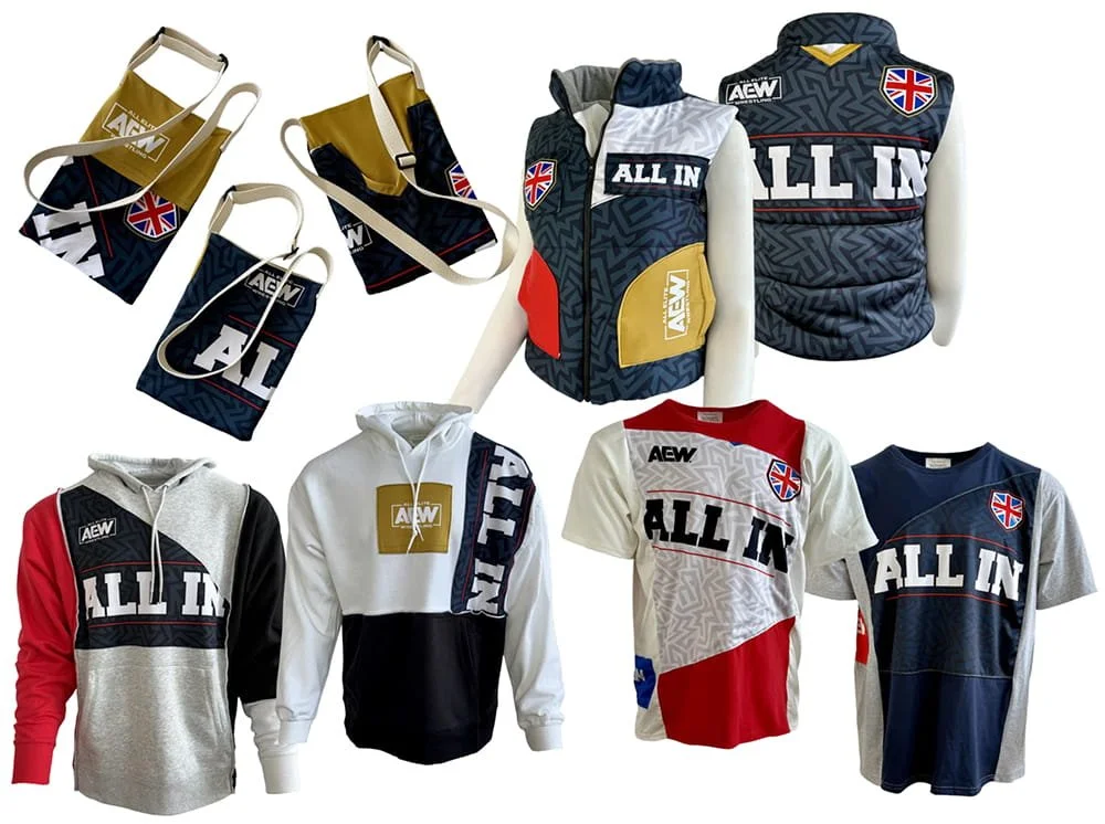 Upcycled AEW ALL IN merchandise by Refried Apparel: patchwork hoodies, t-shirts, puffer vests and crossbody bags in navy, gold, red and white with Union Jack patches