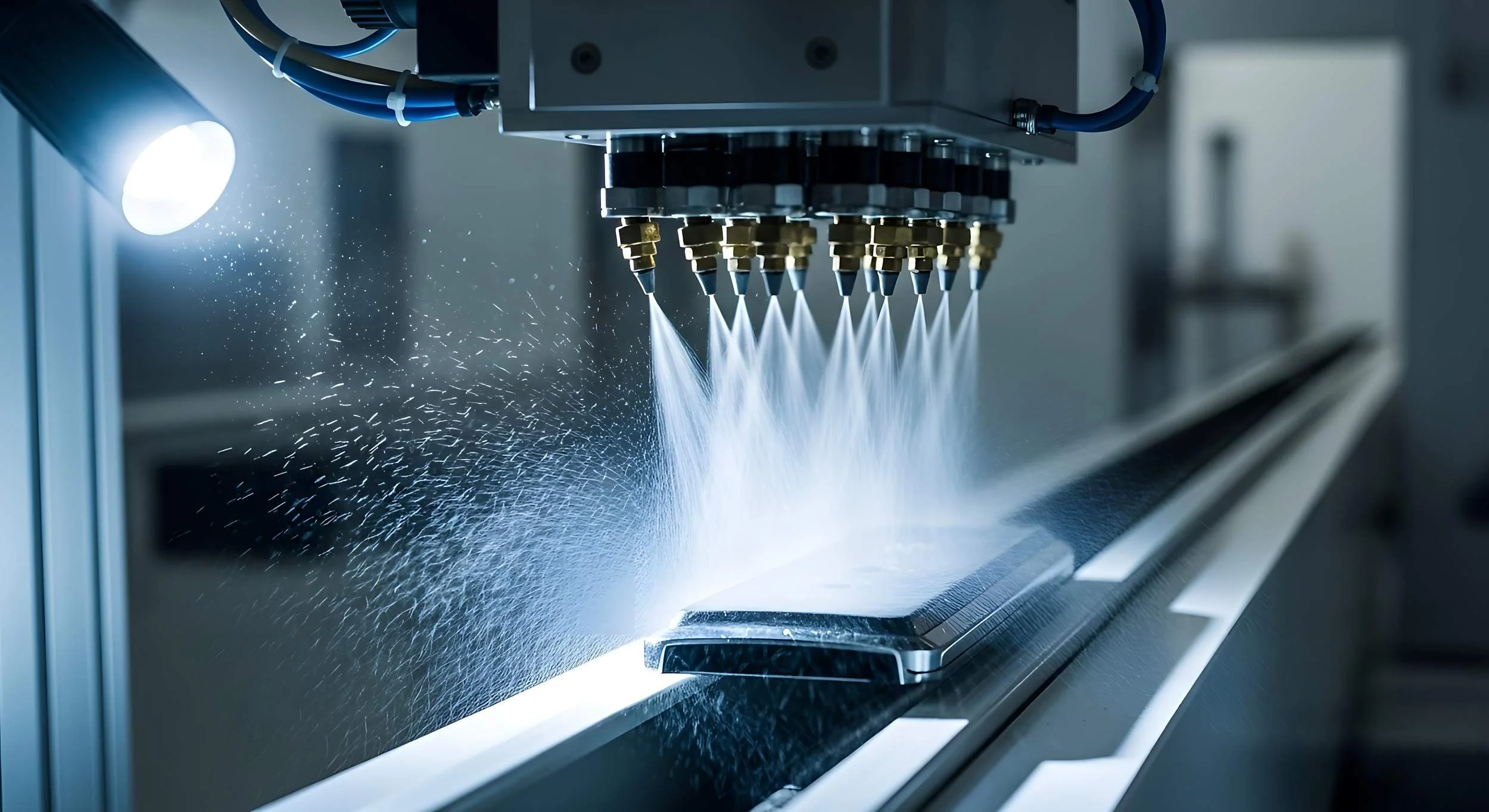 Industrial spray system applying metal surface treatment chemicals to a manufactured component