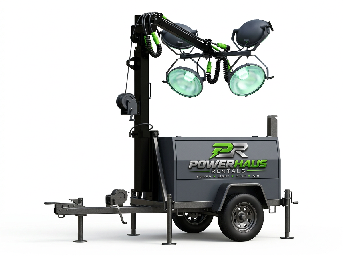 Mobile light tower with large green lights, black adjustable arm, and a gray utility trailer with PowerHaus Rentals logo, set against a white background.